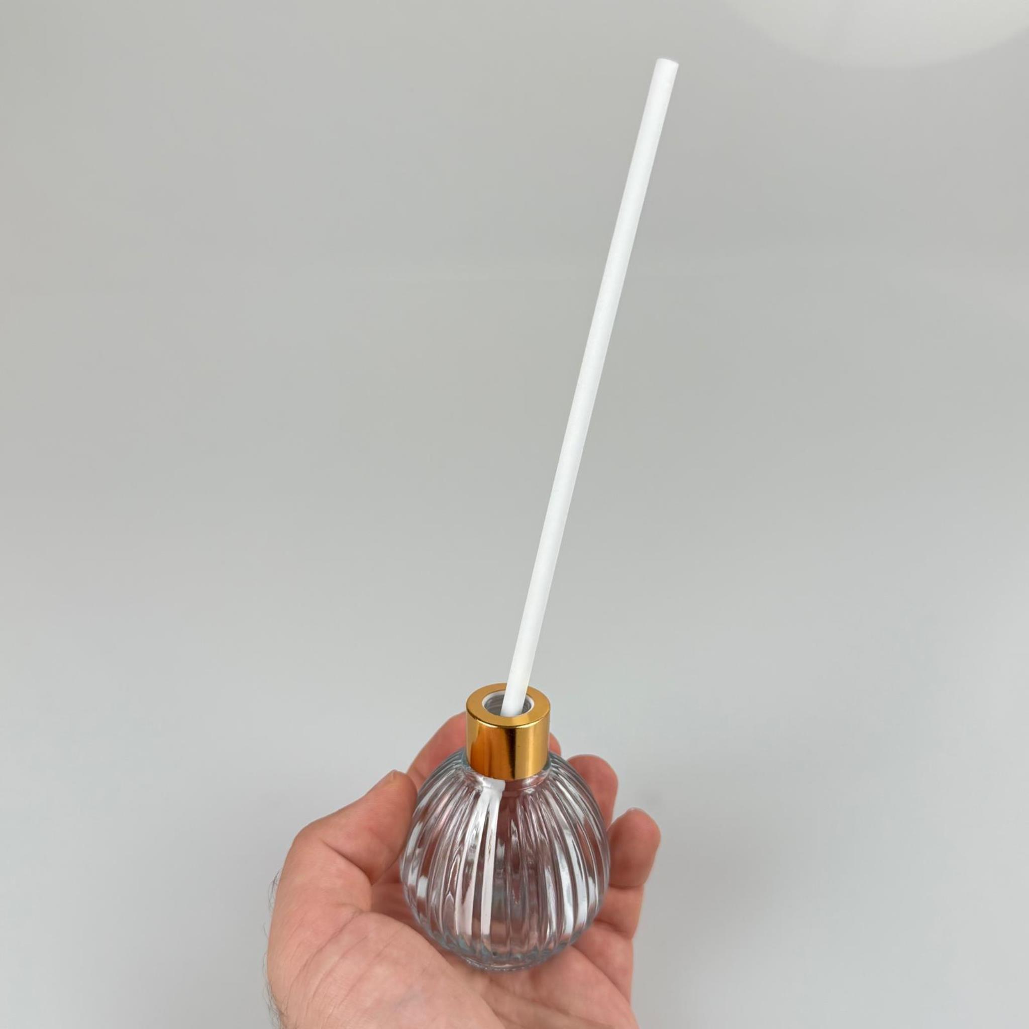 ÇİZGİLİ TOP MODEL CAM BAMBU ODA KOKUSU ŞİŞESİ + METAL GOLD KAPAK + TIPA + KALIN BEYAZ FİBER BAMBU ÇUBUK - 50 ML SET TAKIM - HEDİYELİK PROMOSYON DİFFUSER ŞİŞELERİ