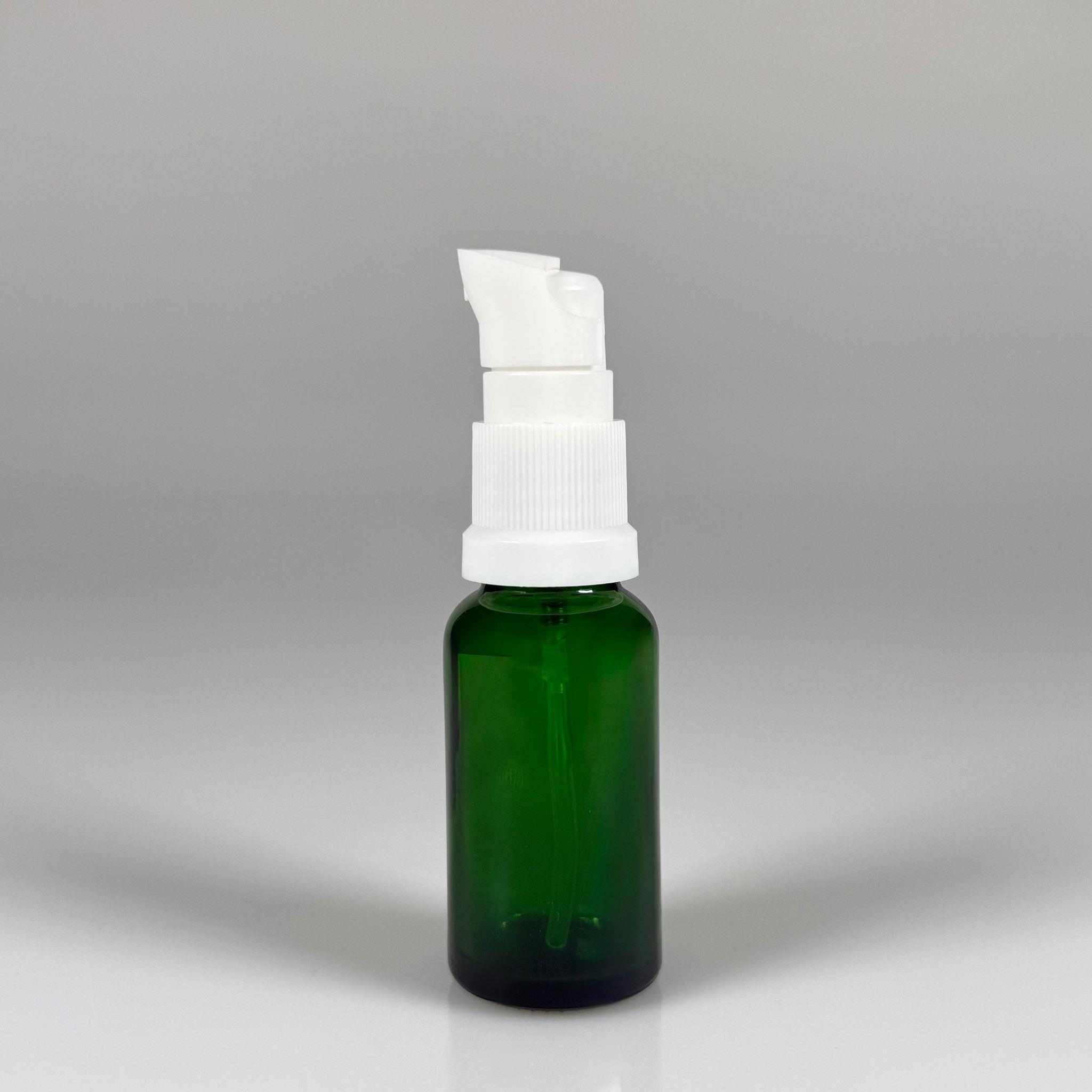 20 CC YEŞİL CAM ŞİŞE - SIZDIRMAZ ETEKLİ BEYAZ LOSYON POMPALI TAKIM - 20 ML LOSYON ŞİŞESİ - YAĞ, KREM GİBİ YOĞUN KIVAMLI SIVILAR İÇİN CAM AMBALAJ