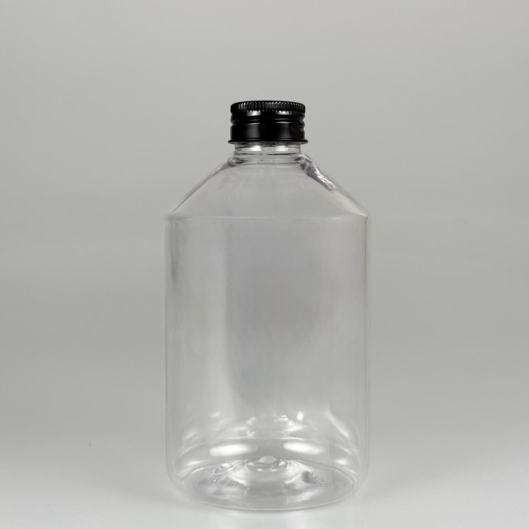 500 CC KÜT BOYUNLU ŞEFFAF PET ŞİŞE - SİYAH METAL ALÜMİNYUM KAPAKLI - 500 ML KALIN (30 gr) PET ŞİŞE