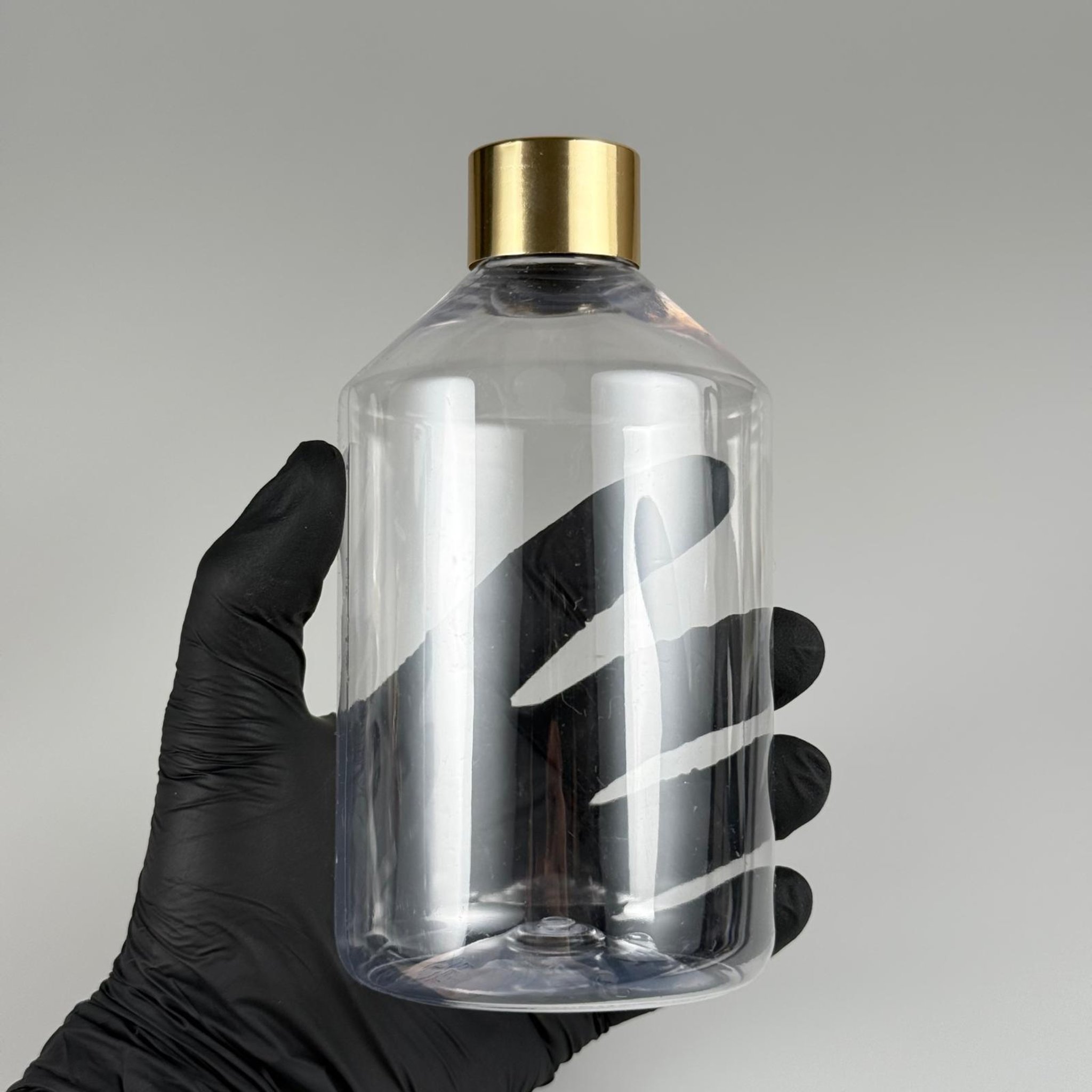 500 CC KÜT BOYUNLU ŞEFFAF PET ŞİŞE + ALÜMİNYUM KAPLAMALI GOLD KAPAKLI + KÖR TIPALI TAKIM - 500 ML PET ŞİŞE