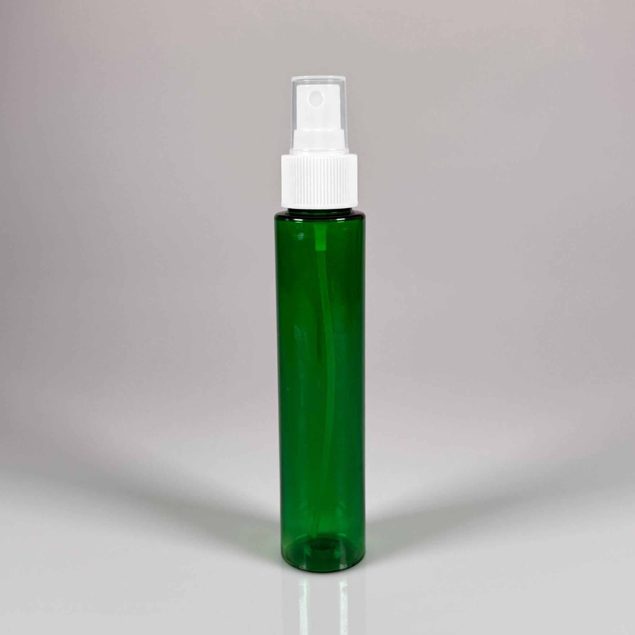 100 CC UZUN SİLİNDİR YEŞİL PET ŞİŞE (24 GR)  - BEYAZ SPREYLİ - 100 ML BİBERİYE SUYU, LAVANTA YAĞI, SAÇ SERUM, TONİK VB İÇİN PLASTİK KOZMETİK AMBALAJLARI