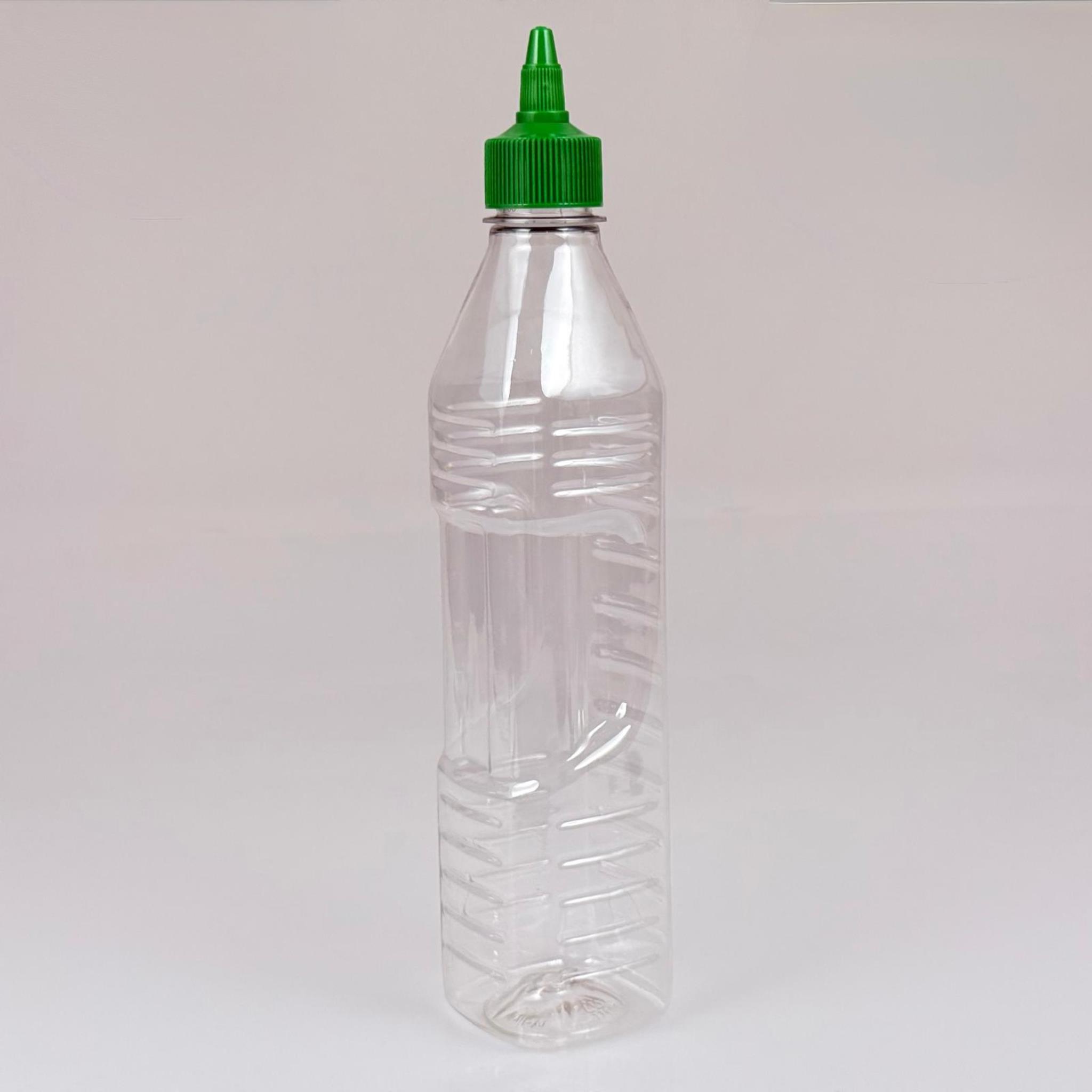 ZEYTİNYAĞI, SOS, ACI SOS, SİRKE, SRIRACHA VB BOŞ ŞİŞELERİ - YEŞİL SİVRİ TWİST AKITICI KAPAK + 500 ML KARE KÖŞELİ ŞEFFAF PET PLASTİK ŞİŞE TAKIM