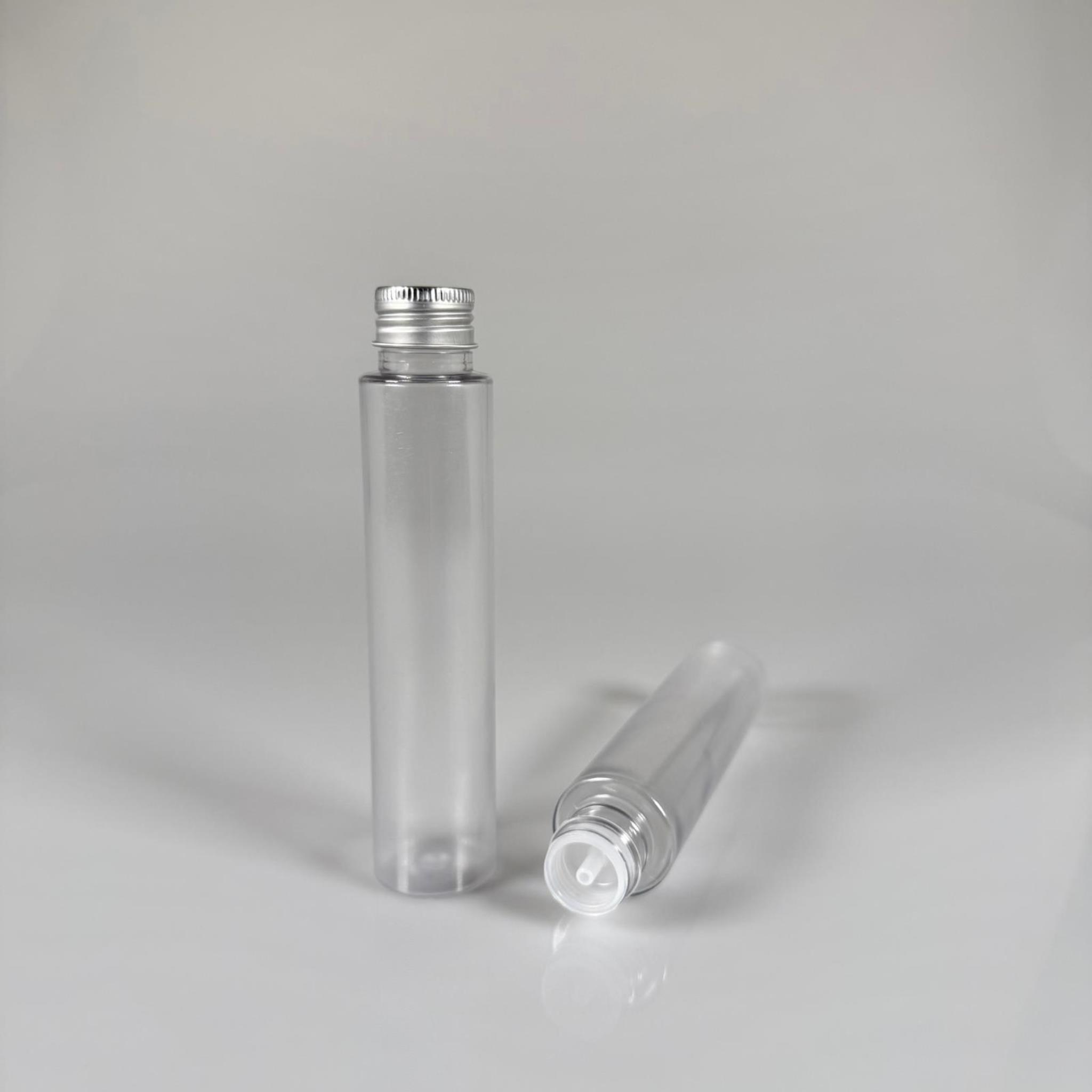 100 CC UZUN SİLİNDİR BUĞULU PET ŞİŞE (24 GR)  - GÜMÜŞ METAL KAPAKLI KOLONYA TIPALI - 100 ML BİBERİYE SUYU, LAVANTA YAĞI, SAÇ SERUM, TONİK VB İÇİN PLASTİK KOZMETİK AMBALAJLARI