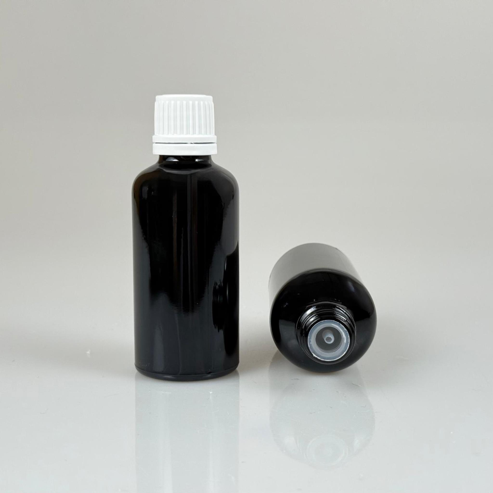50 CC SİYAH İÇTEN DAMLALIKLI (OPSİYONEL DAMLALIK) - BEYAZ KİLİTLİ KAPAKLI CAM ŞİŞE - 50 ML KOLONYA TIPALI CAM ŞİŞE