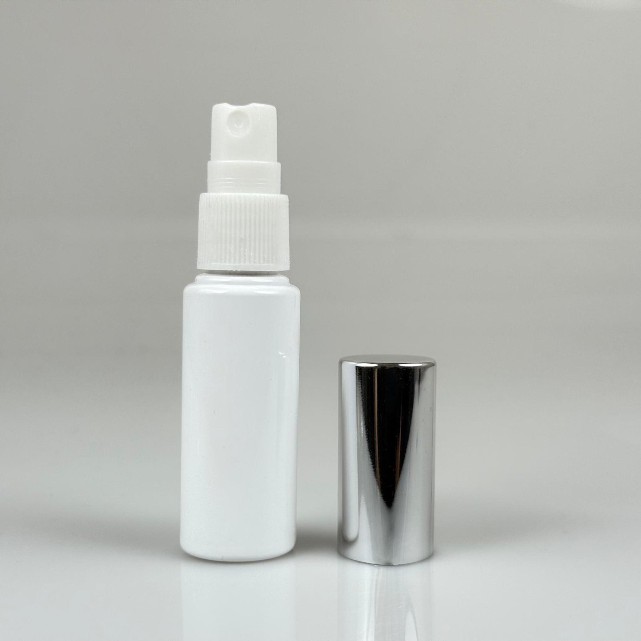 30 ML PET KOLONYA, PARFÜM VB ŞİŞELERİ - METAL ALÜMİNYUM GÜMÜŞ KAPAK + VİDALI SPREY + 30 CC BEYAZ SHOT ŞİŞE SET TAKIM