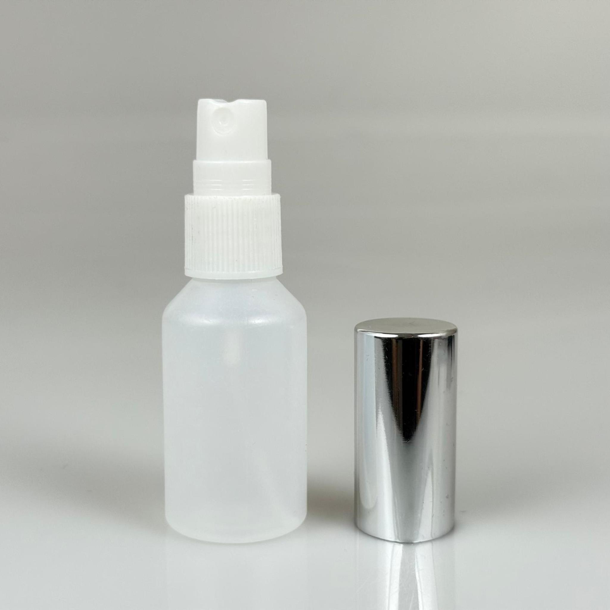 30 ML POLİETİLEN KOLONYA, PARFÜM VB ŞİŞELERİ - METAL ALÜMİNYUM GÜMÜŞ KAPAK + VİDALI SPREY + 30 CC NATÜREL ŞİŞE SET TAKIM