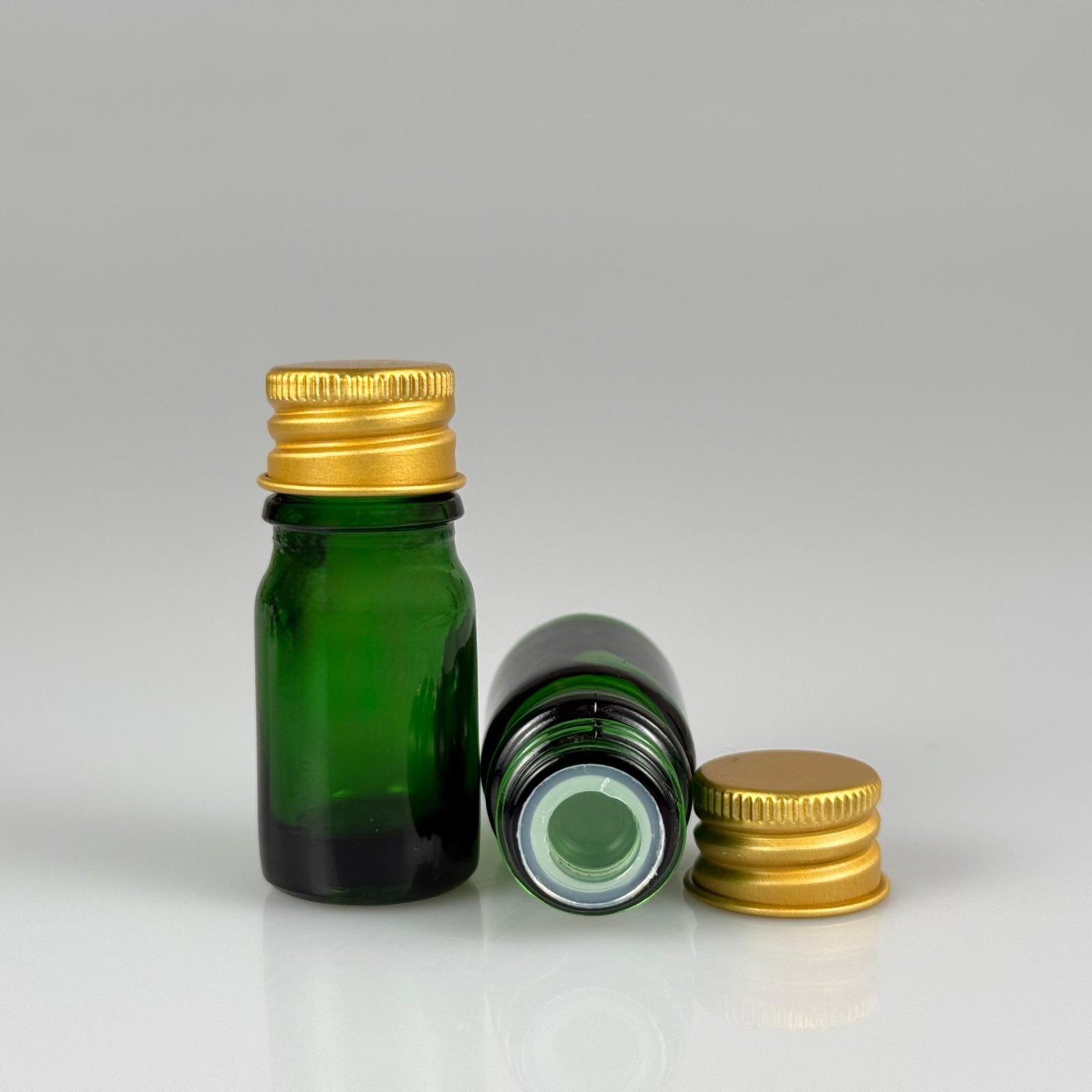 5 CC YEŞİL CAM ŞİŞE + KÖPÜK CONTALI GOLD ALÜMİNYUM METAL KAPAKLI + KÖR TIPALI TAKIM - 5 ML YEŞİL CAM ŞİŞE