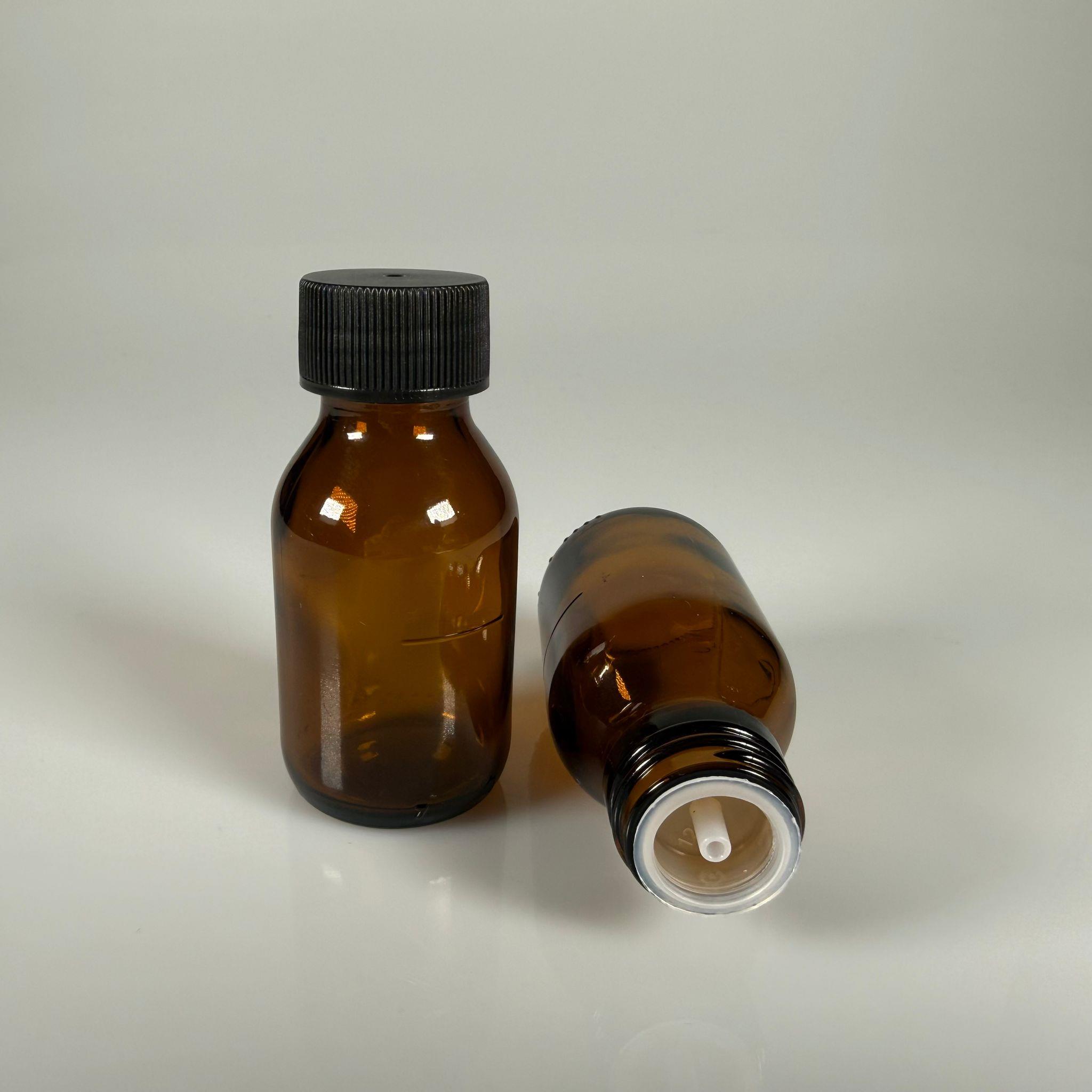 50 ML DOLUMU KOLAY, GENİŞ AĞIZLI İÇTEN DAMLALIKLI ŞİŞE (28 MM AĞIZ)  - 50 CC SİYAH CONTALI KAPAKLI İÇTEN DAMLALIKLI CAM ECZA ŞİŞESİ - AMBER KAHVERENGİ