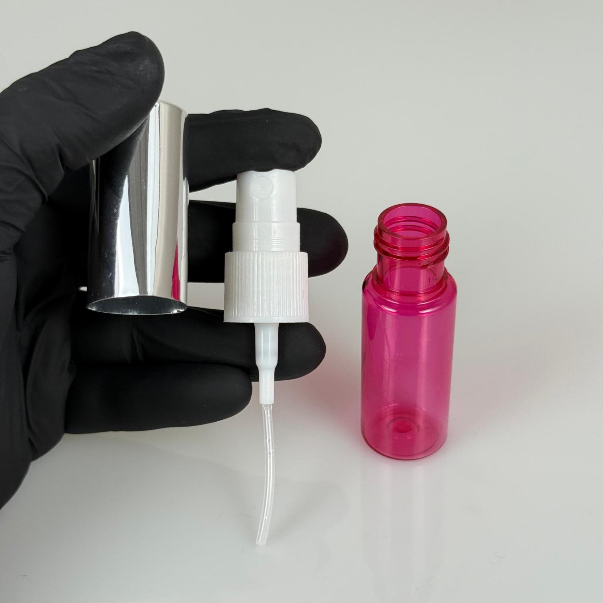 15 ML PET KOLONYA, PARFÜM VB ŞİŞELERİ - METAL ALÜMİNYUM GÜMÜŞ KAPAK + VİDALI SPREY + 15 CC PEMBE ŞİŞE SET TAKIM