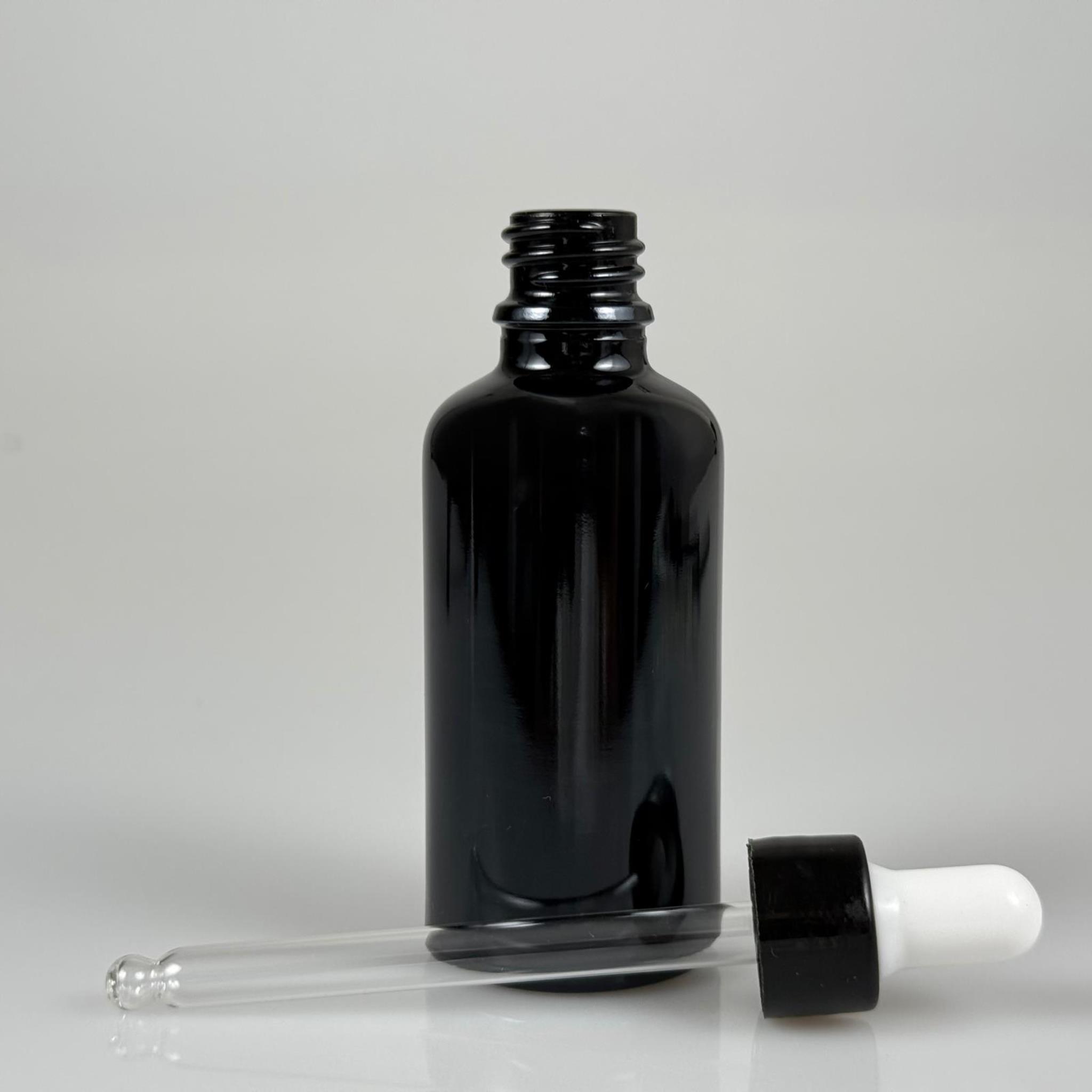 50 CC PARLAK SİYAH CAM DAMLALIKLI ŞİŞE - BEYAZ EMZİK + SİYAH DÜZ KAPAK + CAM PİPET TAKIM - 50 ML PARLAK SİYAH DAMLALIKLI ŞİŞE SETİ
