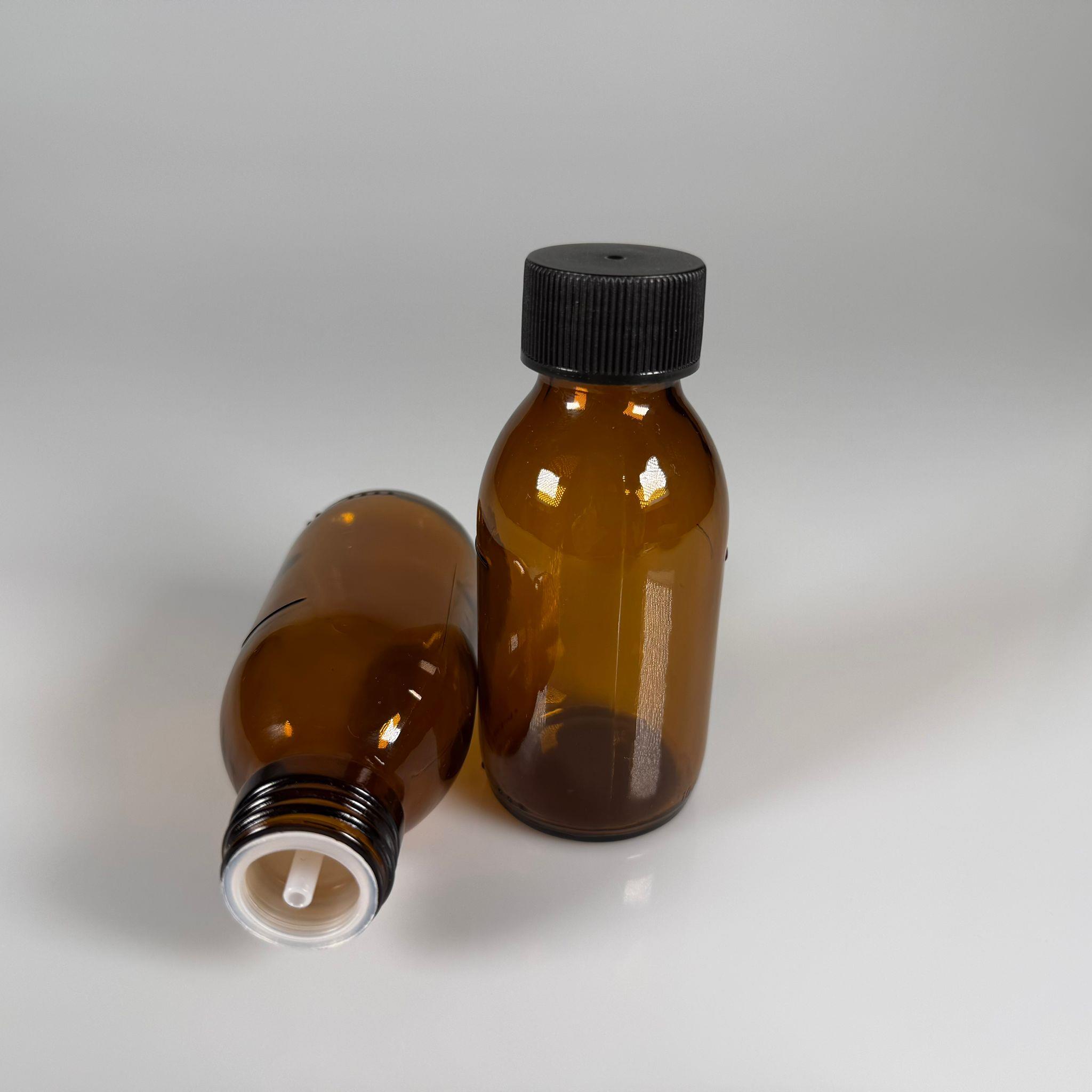 100 ML DOLUMU KOLAY, GENİŞ AĞIZLI İÇTEN DAMLALIKLI ŞİŞE (28 MM AĞIZ)  - 100 CC SİYAH CONTALI KAPAKLI İÇTEN DAMLALIKLI CAM ECZA ŞİŞESİ - AMBER KAHVERENGİ