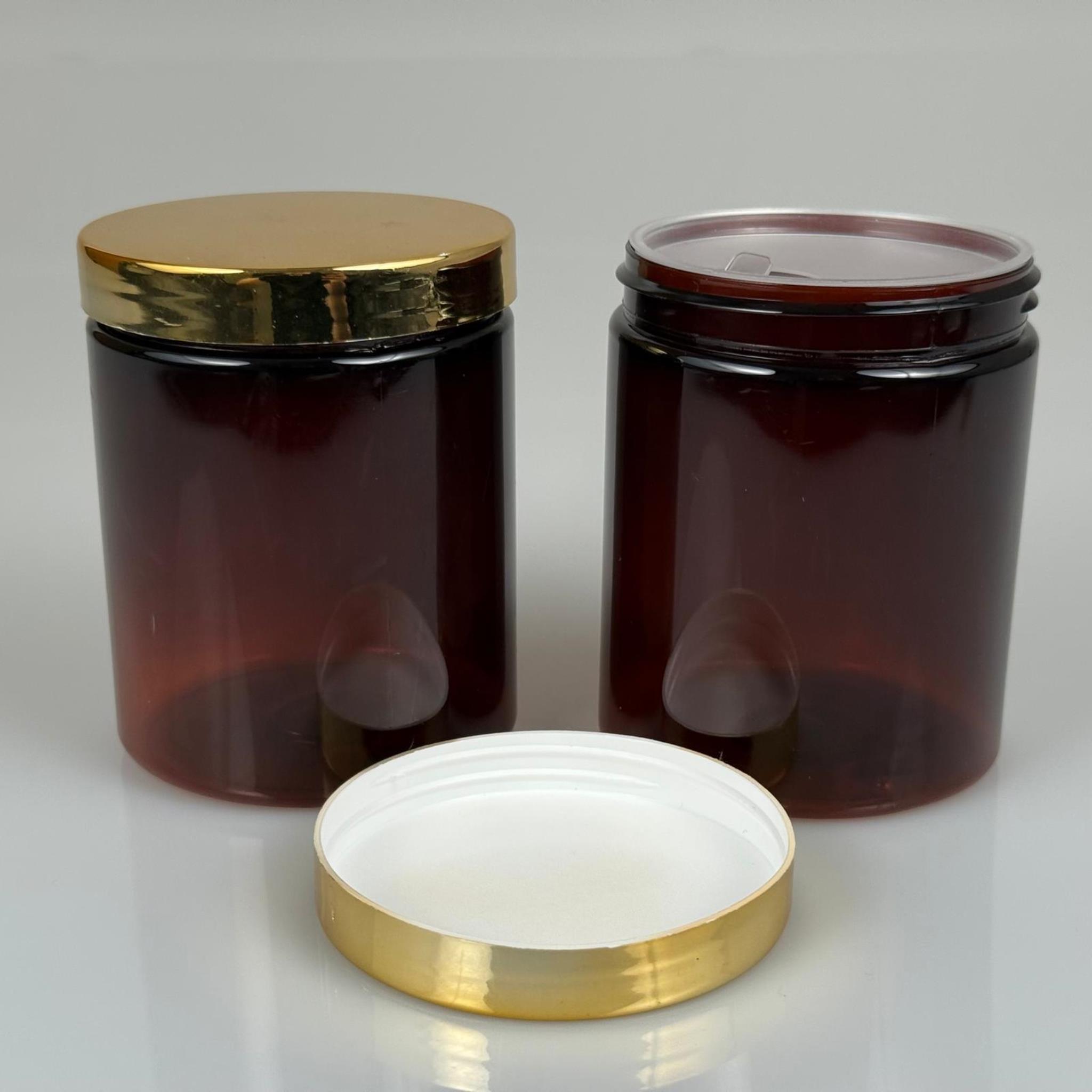 300 ML SERT PET KAVANOZ + GOLD KAPLAMALI KAPAK + İÇ TIPA - 300 CC KALIN AMBER PLASTİK KAVANOZ GOLD KAPLAMALI KAPAKLI İÇ TIPALI TAKIM - KREM KAVANOZLARI