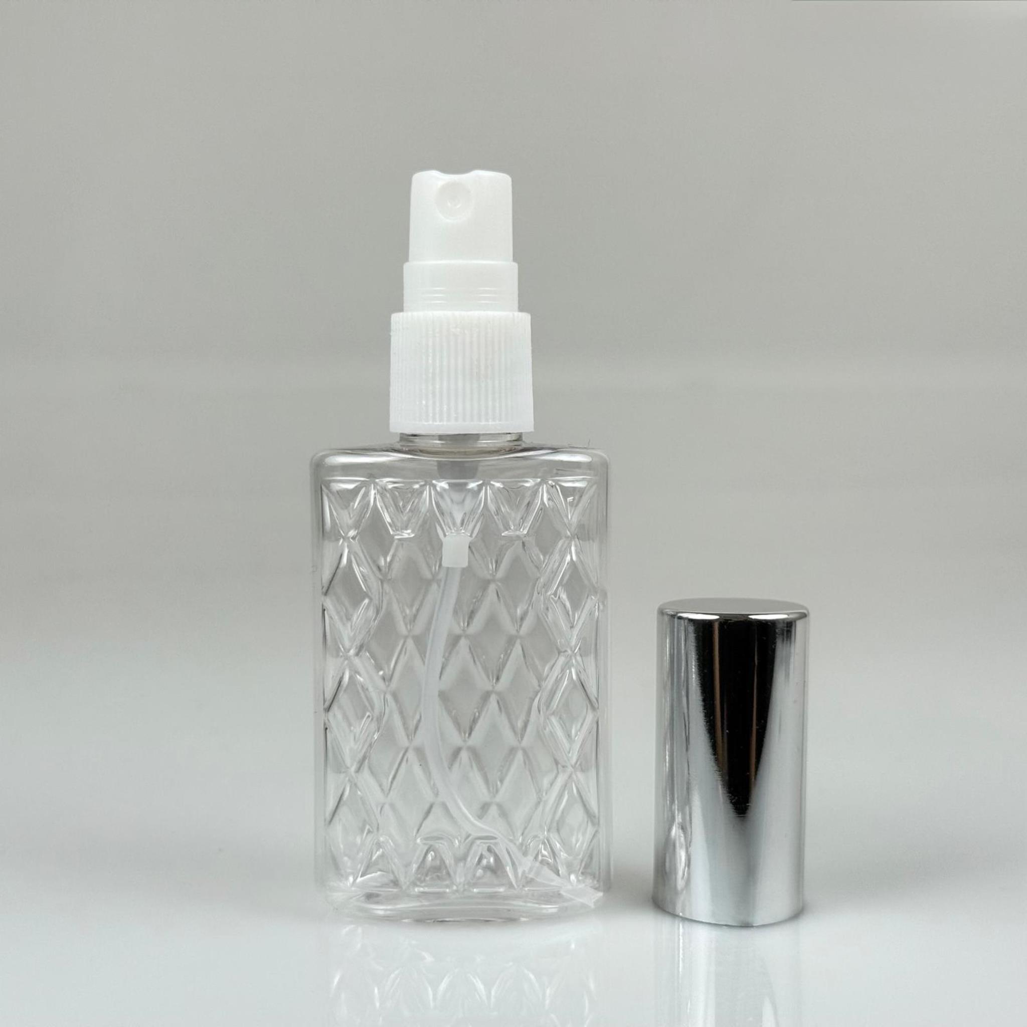 50 ML PET KOLONYA, PARFÜM VB ŞİŞELERİ - METAL ALÜMİNYUM GÜMÜŞ KAPAK + VİDALI SPREY + 50 CC KÖŞELİ ŞEFFAF ŞİŞE SET TAKIM