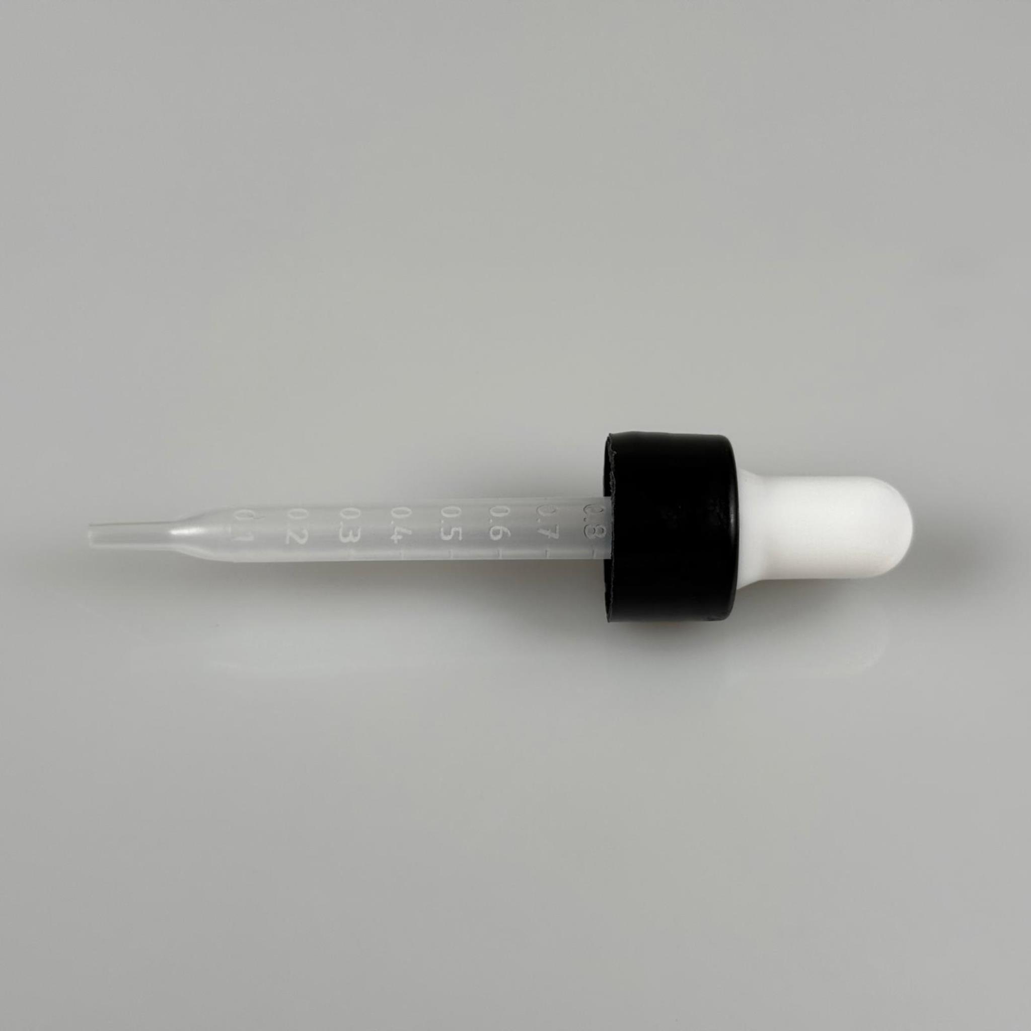 18 MM PLASTİK DAMLALIKLI TAKIM - BEYAZ EMZİK + DELİKLİ PLASTİK DÜZ SİYAH KAPAK + 70 MM PLASTİK PİPET