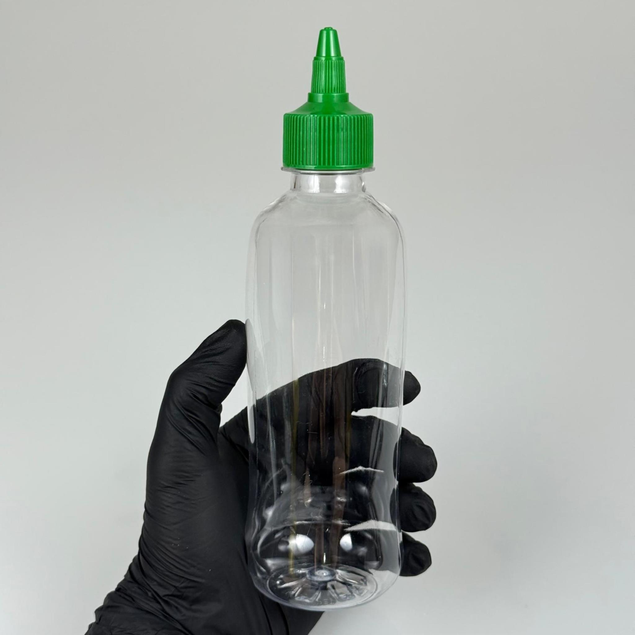 ZEYTİNYAĞI, SOS, ACI SOS, SİRKE, SRIRACHA VB BOŞ ŞİŞELERİ - YEŞİL SİVRİ TWİST AKITICI KAPAK + 330 ML UZUN ŞEFFAF PET PLASTİK ŞİŞE TAKIM