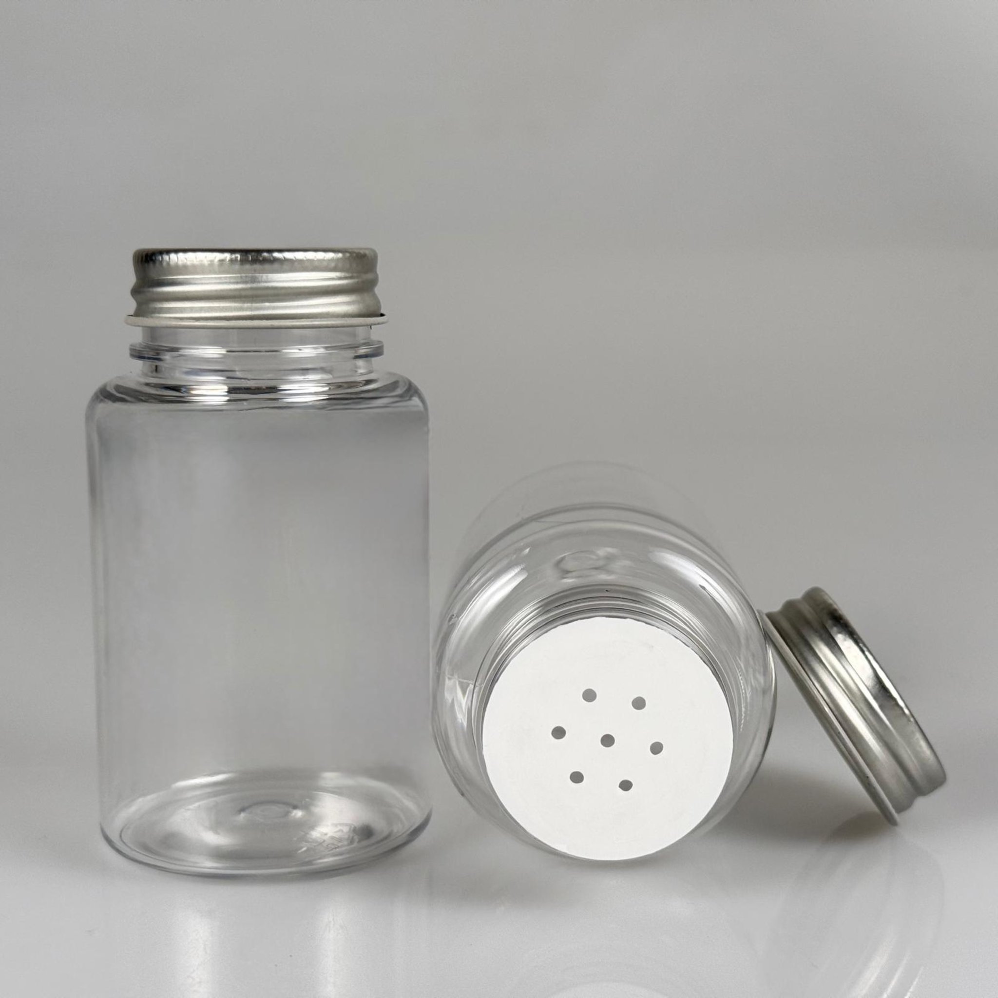 150 CC ŞEFFAF PET PUDRA ŞİŞESİ + GÜMÜŞ METAL KAPAKLI + PUDRA TIPALI TAKIM - 150 ML PUDRA KUTUSU, EKO TUZLUK