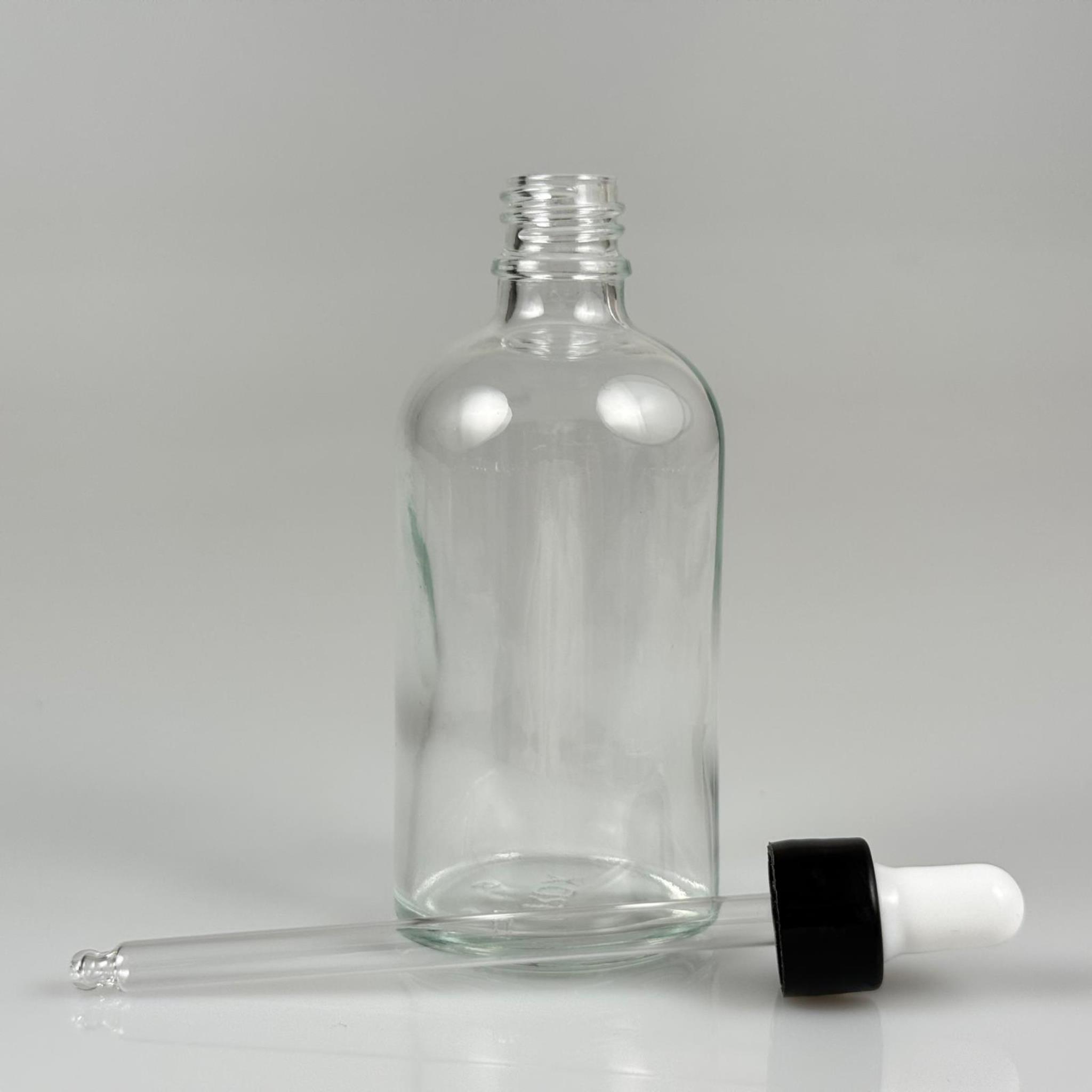 100 CC ŞEFFAF CAM DAMLALIKLI ŞİŞE - BEYAZ EMZİK + SİYAH DÜZ KAPAK + CAM PİPET TAKIM - 100 ML DAMLALIKLI ŞİŞE SETİ