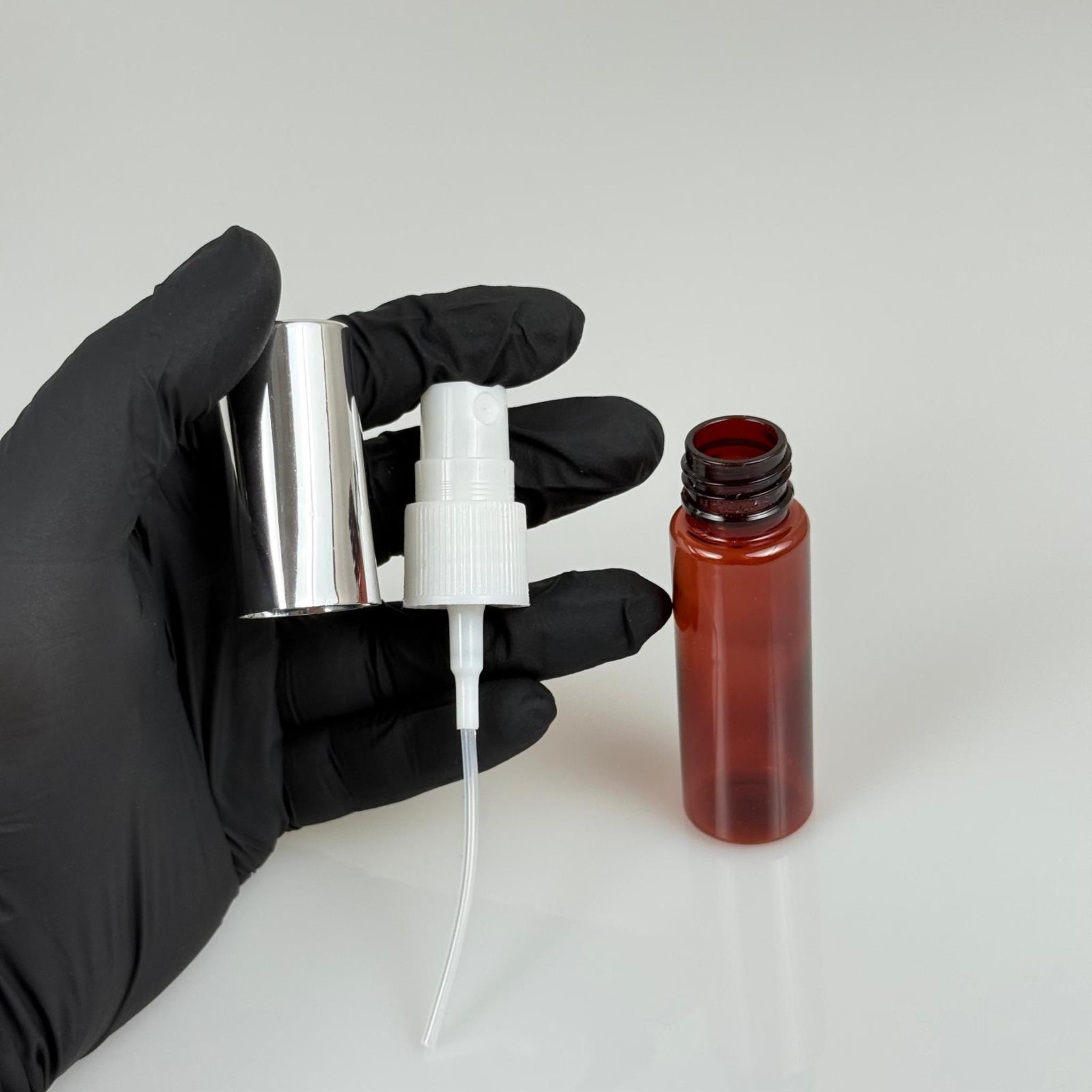 20 ML PET KOLONYA, PARFÜM VB ŞİŞELERİ - METAL ALÜMİNYUM GÜMÜŞ KAPAK + VİDALI SPREY + 20 CC AMBER SHOT ŞİŞE SET TAKIM