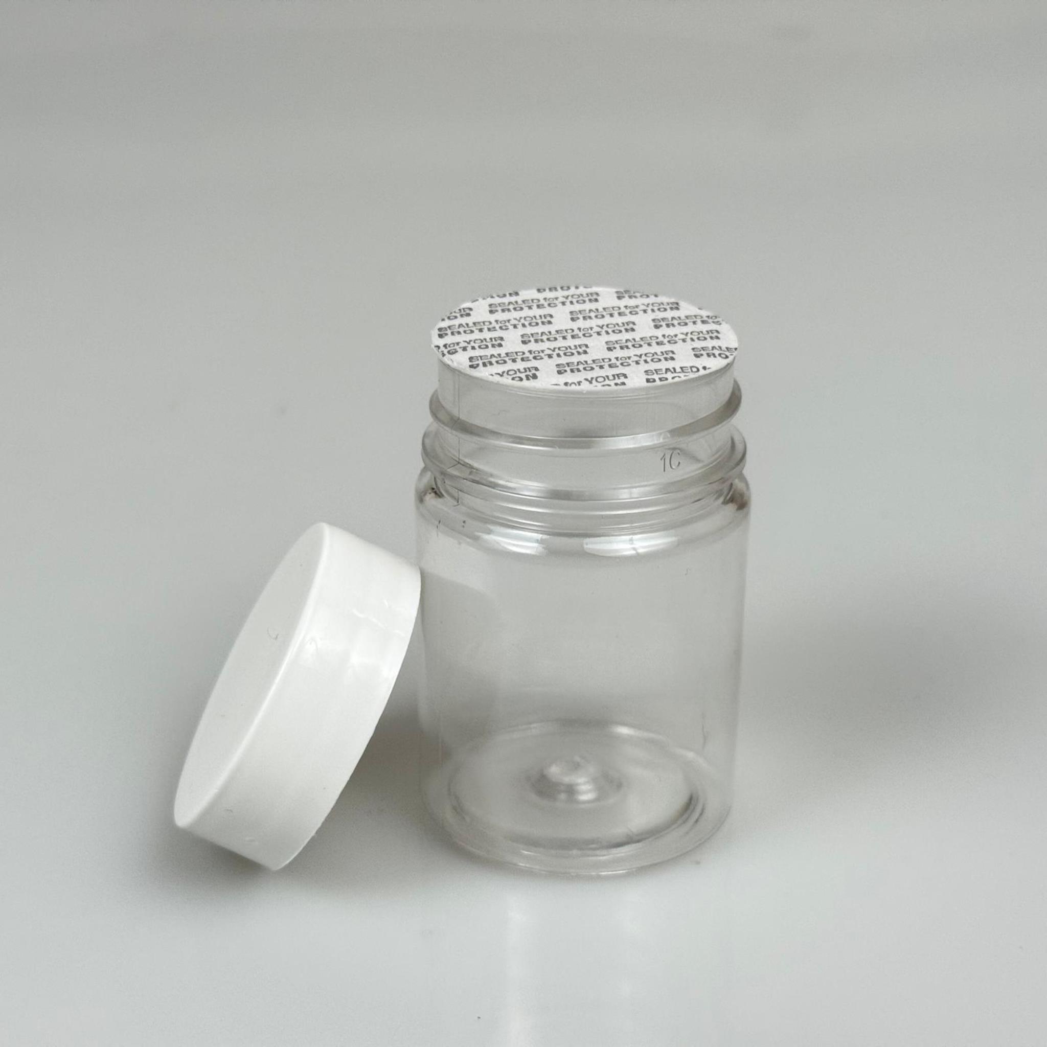 50 CC PET ŞİŞE GENİŞ AĞIZLI - BEYAZ KAPAKLI + KENDİNDEN YAPIŞKANLI KÖPÜK CONTALI - 50 ML PLASTİK NUMUNE KAVANOZU, MİNİ TABLET KAVANOZU