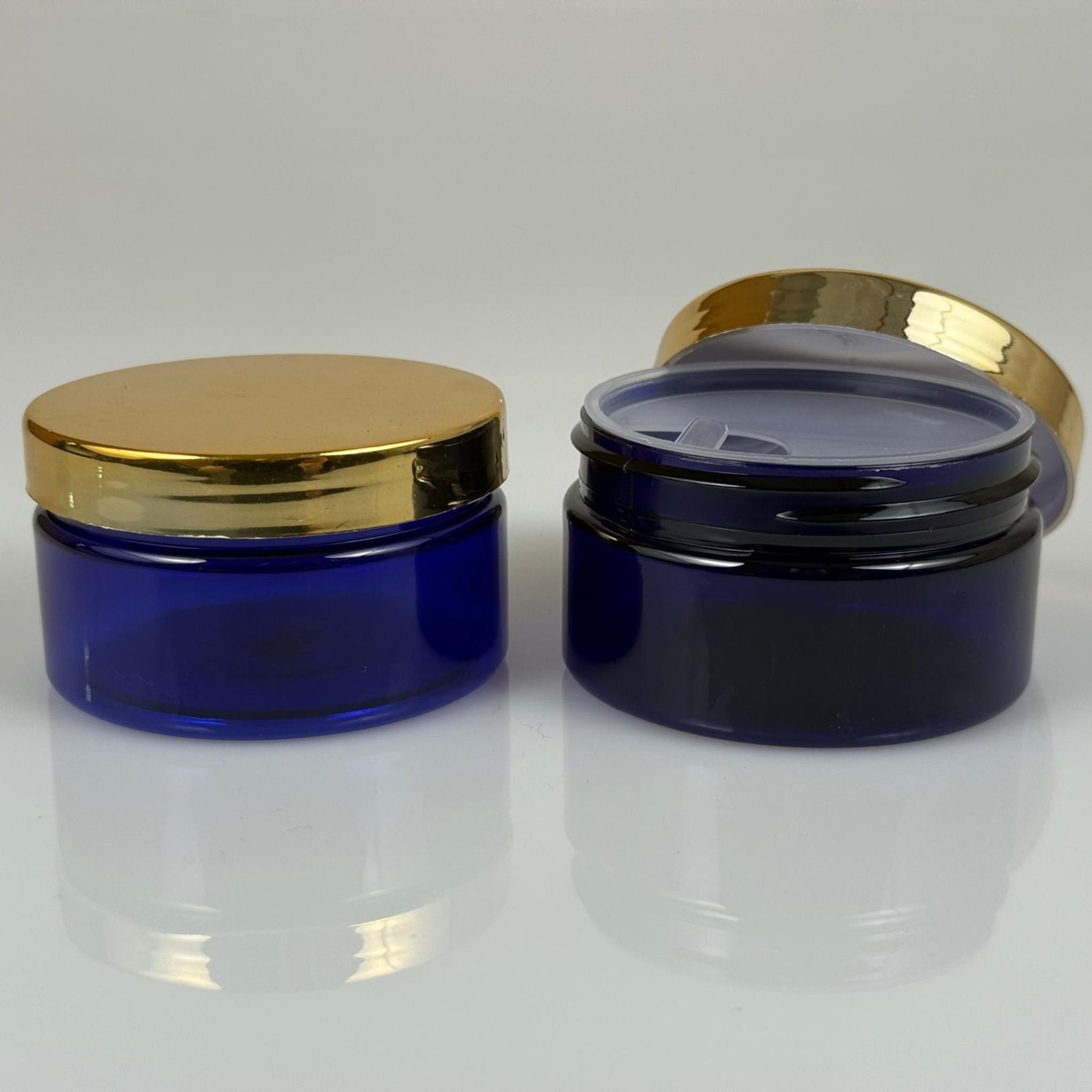 100 ML SERT PET KAVANOZ + GOLD KAPLAMALI PLASTİK KAPAK + İÇ TIPA - 100 CC KALIN MAVİ PLASTİK KAVANOZ GOLD KAPLAMALI PLASTİK KAPAKLI İÇ TIPALI TAKIM - KREM KAVANOZLARI