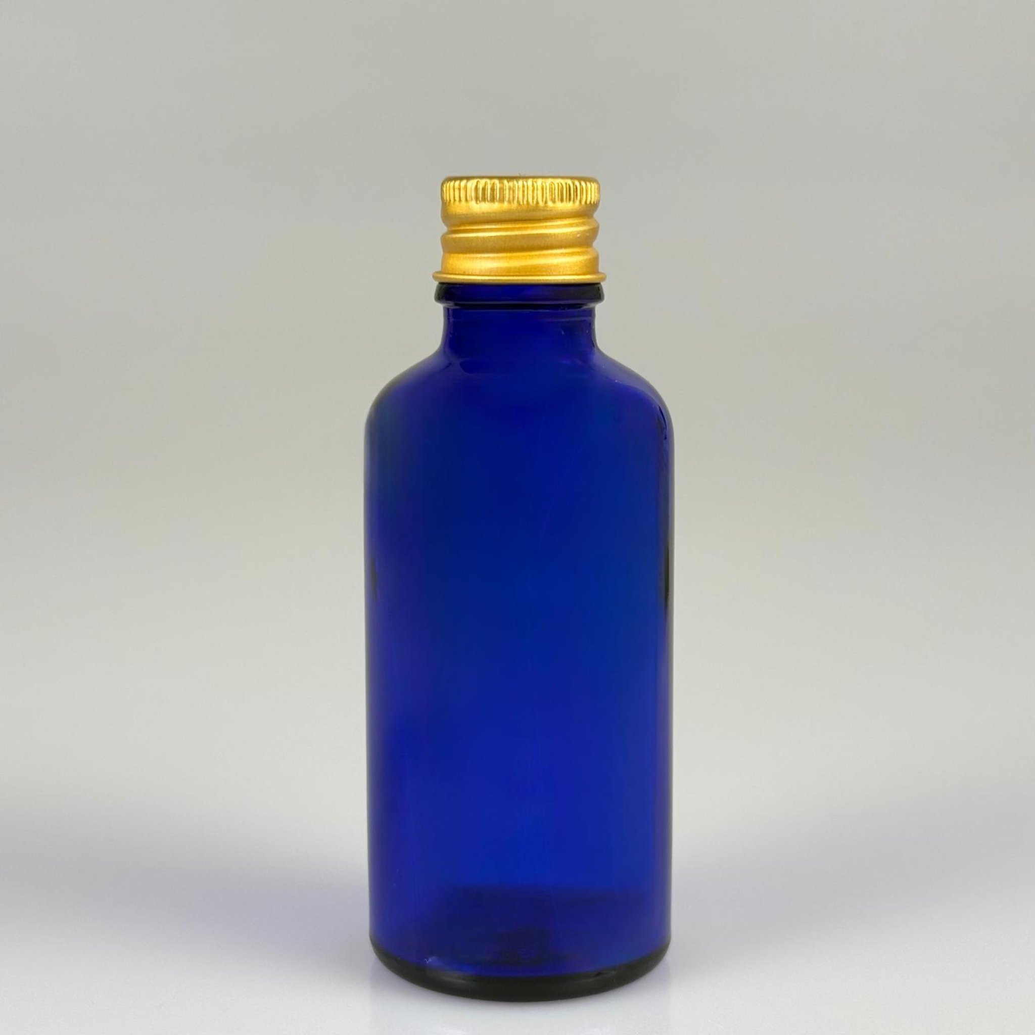 50 CC MAVİ CAM ŞİŞE + KÖPÜK CONTALI GOLD  ALÜMİNYUM METAL KAPAKLI TAKIM - 50 ML MAVİ CAM ŞİŞE