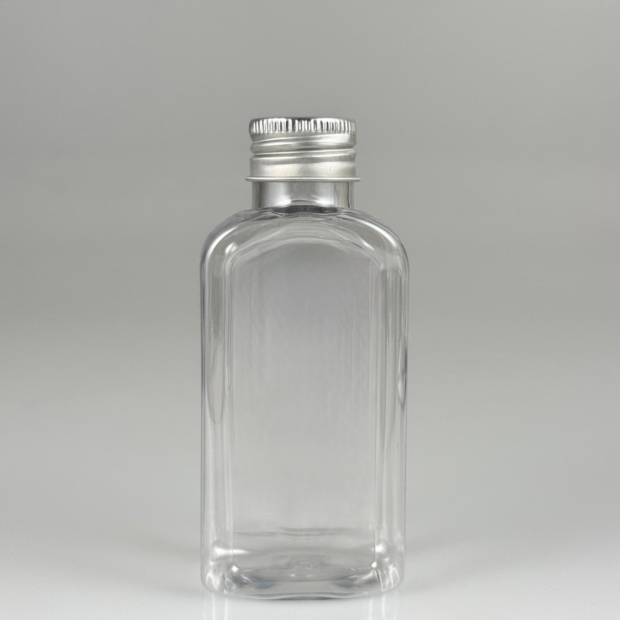 100 CC YASSI KÖŞELİ MODEL ŞEFFAF PET ŞİŞE (24 AĞIZ) + KÖPÜK CONTALI GÜMÜŞ METAL ALÜMİNYUM KAPAK TAKIM - 100 ML KAPAKLI PLASTİK ŞİŞELER