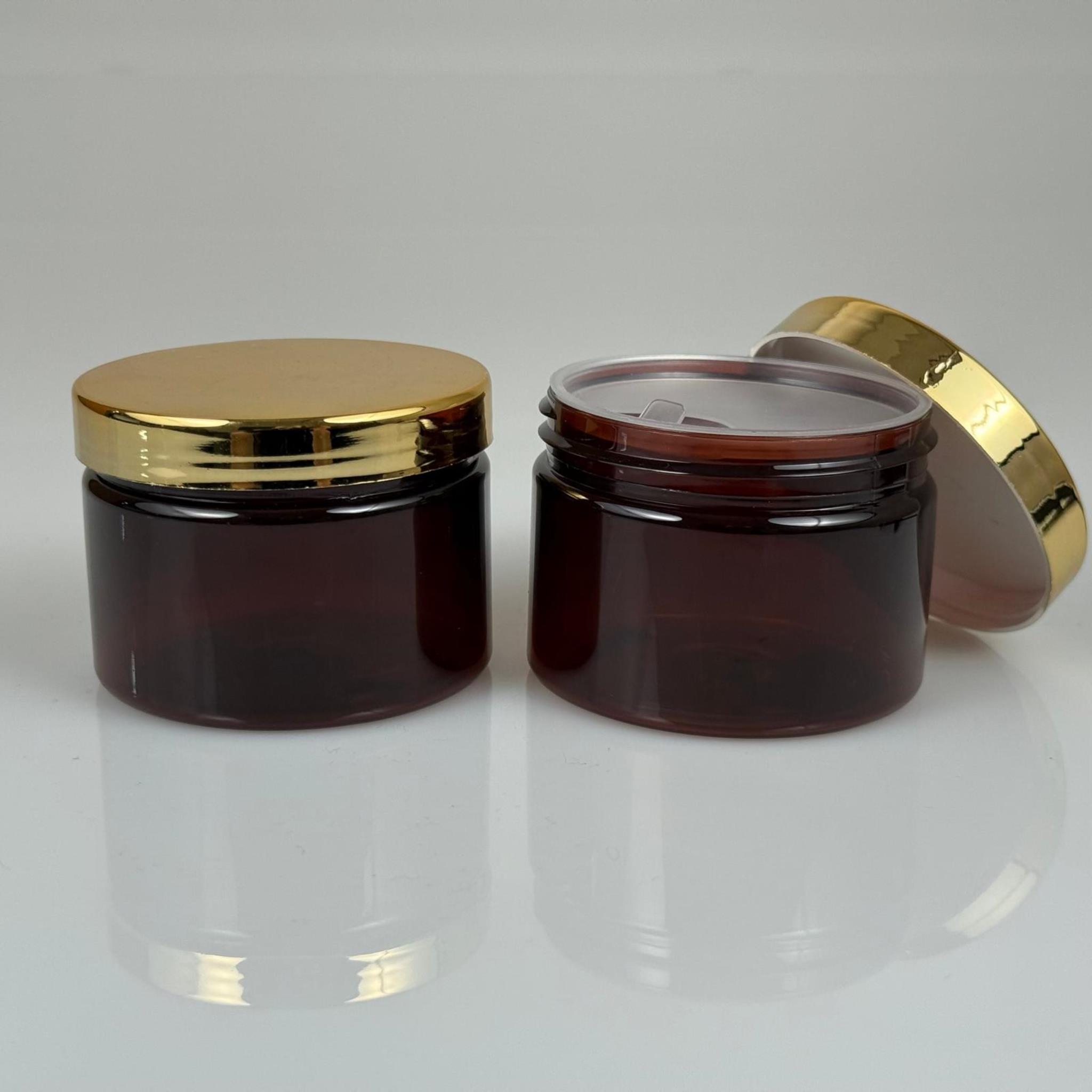 150 ML SERT PET KAVANOZ + GOLD KAPLAMALI PLASTİK KAPAK + İÇ TIPA - 150 CC KALIN AMBER PLASTİK KAVANOZ GOLD KAPLAMALI PLASTİK KAPAKLI İÇ TIPALI TAKIM - KREM KAVANOZLARI
