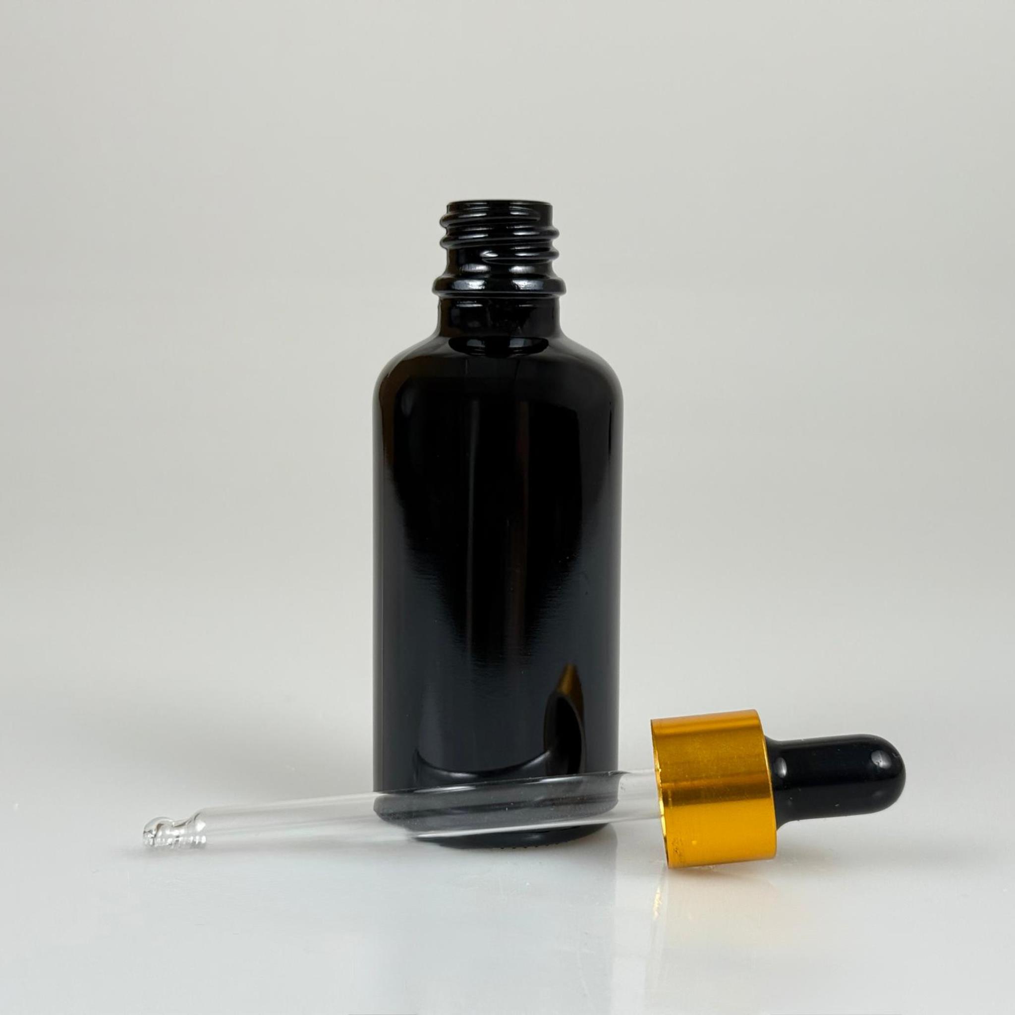 50 CC SİYAH CAM DAMLALIKLI ŞİŞE - SİYAH EMZİK - GOLD METALİK KAPAK - 50 ML SİYAH CAM DAMLALIKLI ŞİŞE - DAMLALIKLI BOŞ ŞİŞE