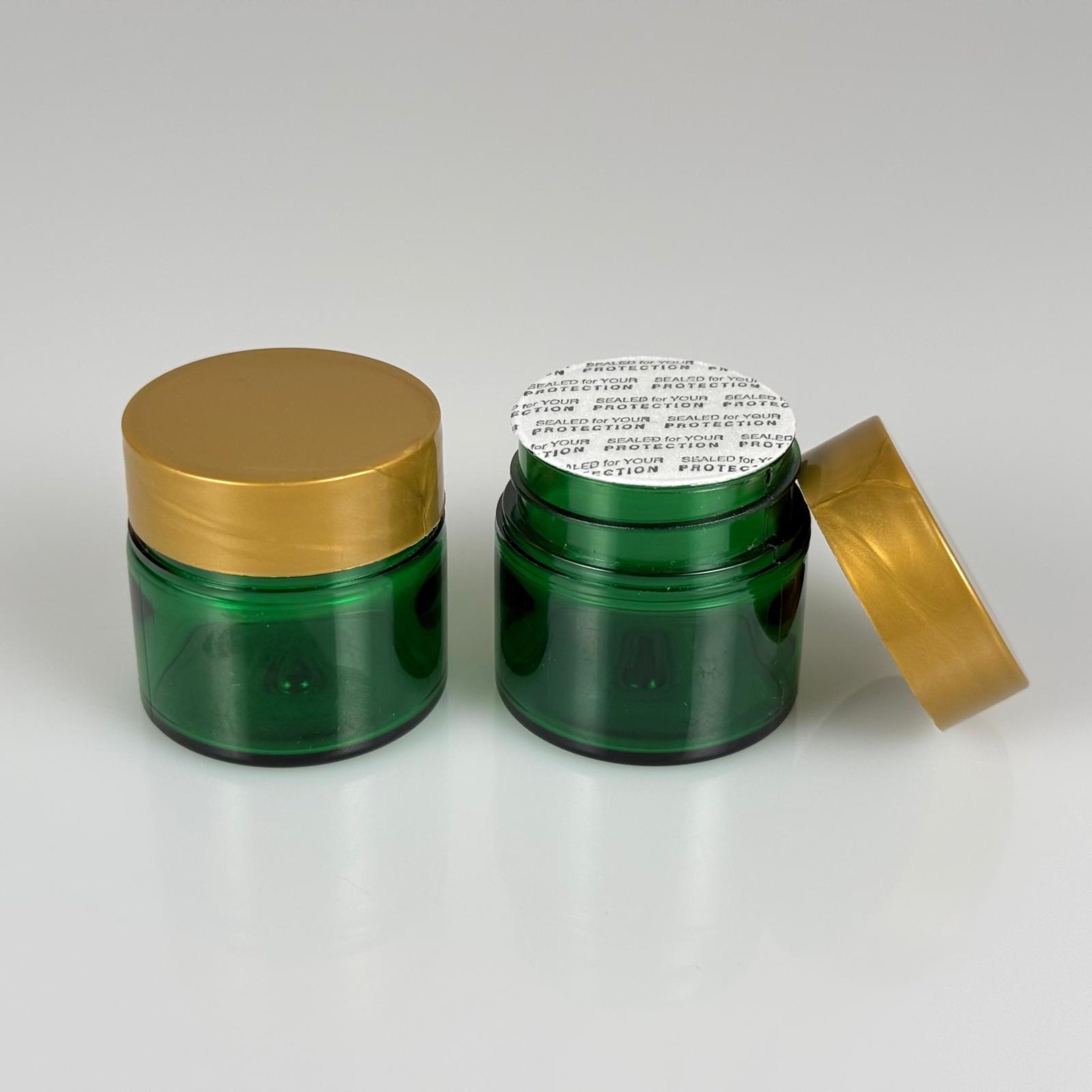20 CC YEŞİL SERT PLASTİK KAVANOZ + 38 MM GOLD KAPAK + KENDİNDEN YAPIŞKANLI CONTA - 20 ml KALIN LÜX Boş Krem, Balm, Peeling, Macun, Pasta, Aromaterapi ve Saç Maskesi Kabı