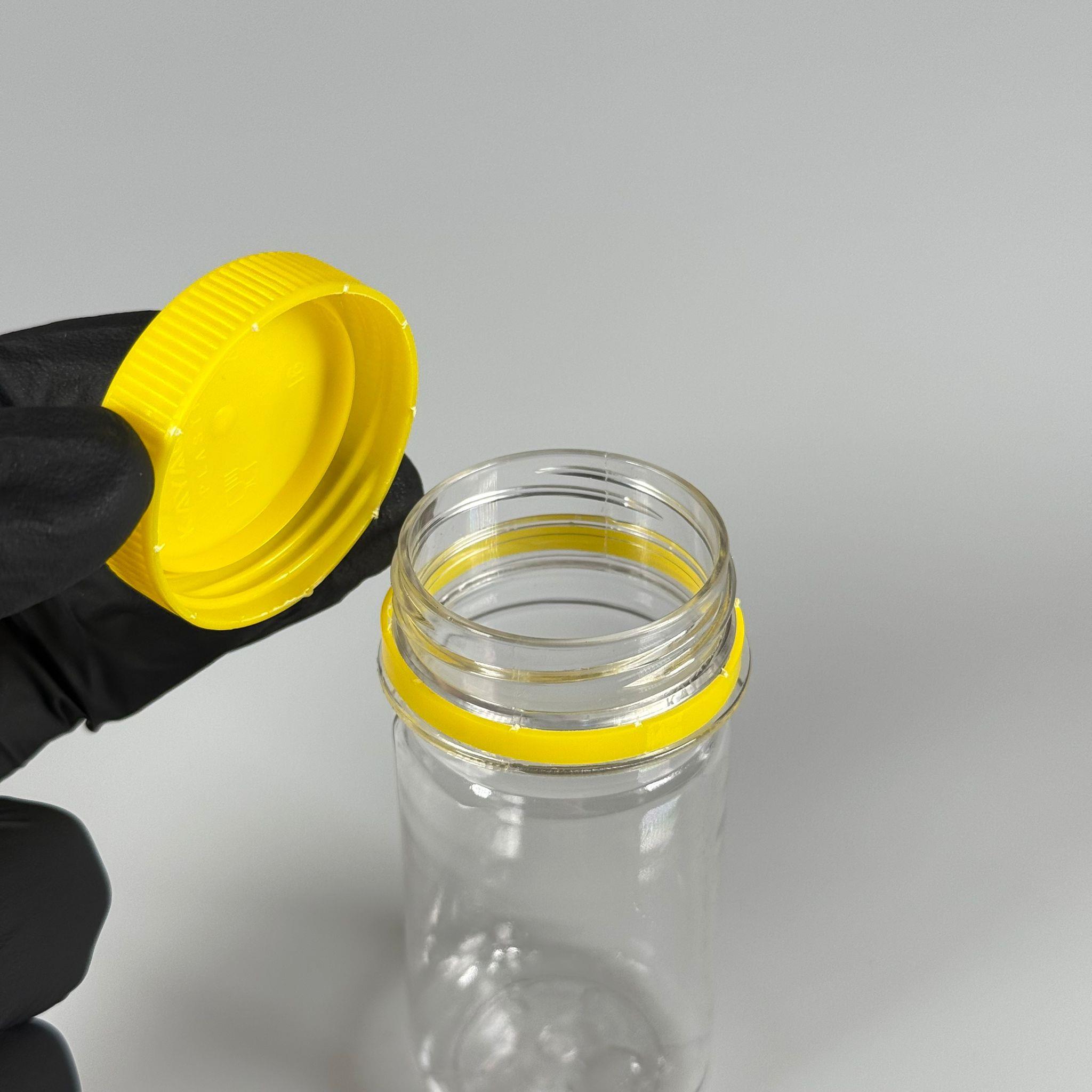 60 CC SİLİNDİR PET ŞİŞE (15,6 GR) - 38 MM GENİŞ AĞIZLI KİLİTLİ SARI  KAPAKLI - 60 ML PLASTİK NUMUNE BOŞ ŞİŞELER