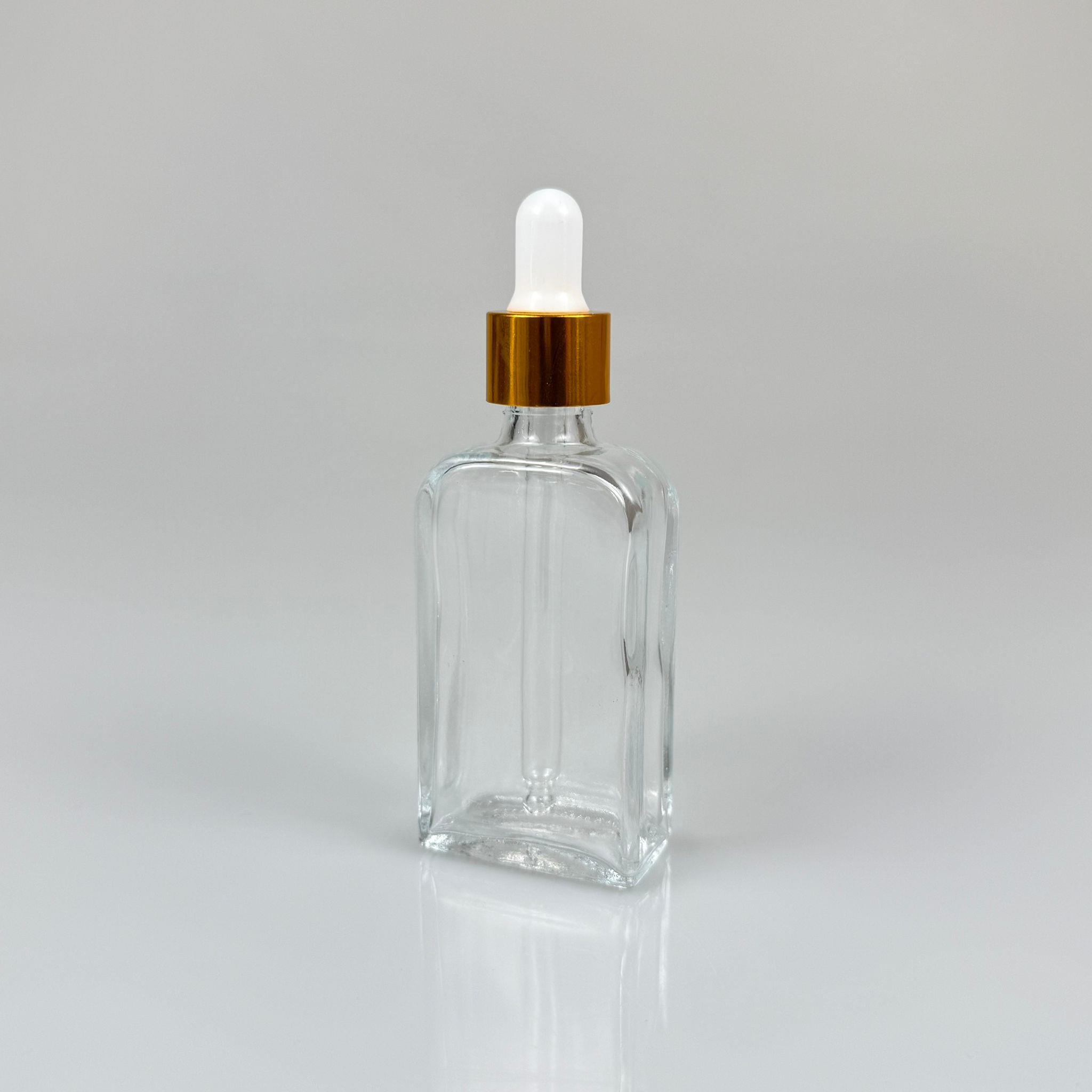 50 CC YASSI DİKDÖRTGEN PRESTİJLİ CAM DAMLALIKLI ŞİŞE - BEYAZ EMZİK - GOLD METALİK KAPAK - 50 ML CAM DAMLALIKLI ŞİŞE - DAMLALIKLI BOŞ ŞİŞE