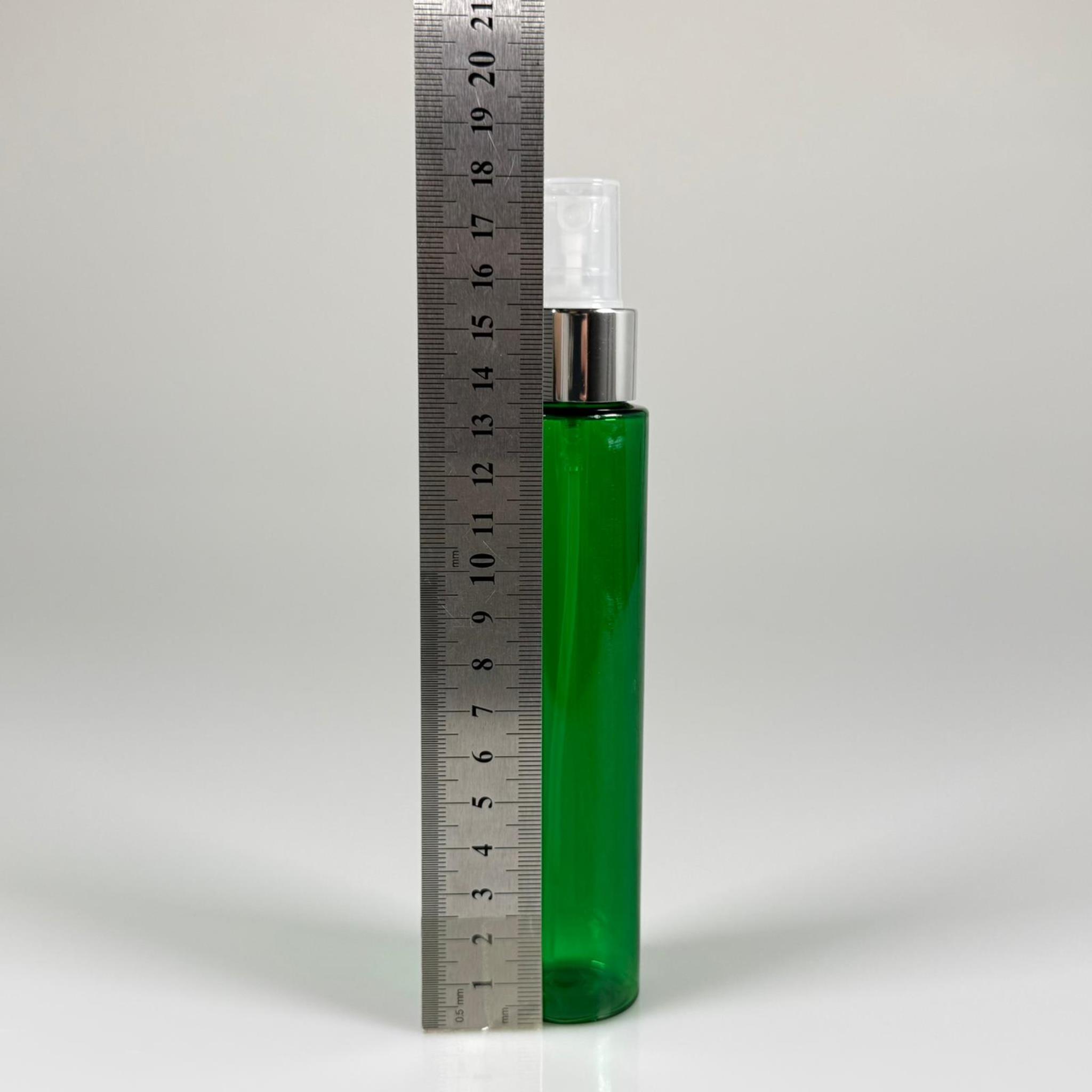 100 CC UZUN SİLİNDİR YEŞİL PET ŞİŞE (24 GR)  - GÜMÜŞ SPREYLİ - 100 ML BİBERİYE SUYU, LAVANTA YAĞI, SAÇ SERUM, TONİK VB İÇİN PLASTİK KOZMETİK AMBALAJLARI