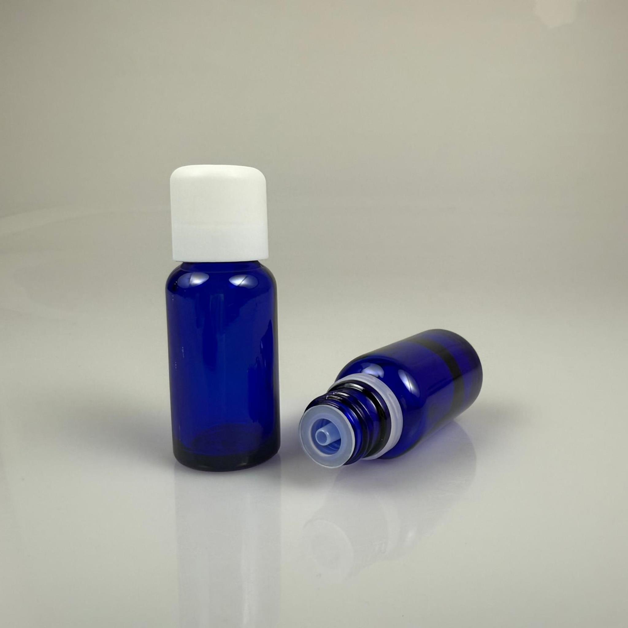 20 CC MAVİ CAM ŞİŞE + İÇTEN DAMLALIKLI ÇOCUK KİLİTLİ BEYAZ KAPAK - MAVİ 20 ML KİLİT KAPAKLI DAMLATMALI ŞİŞE
