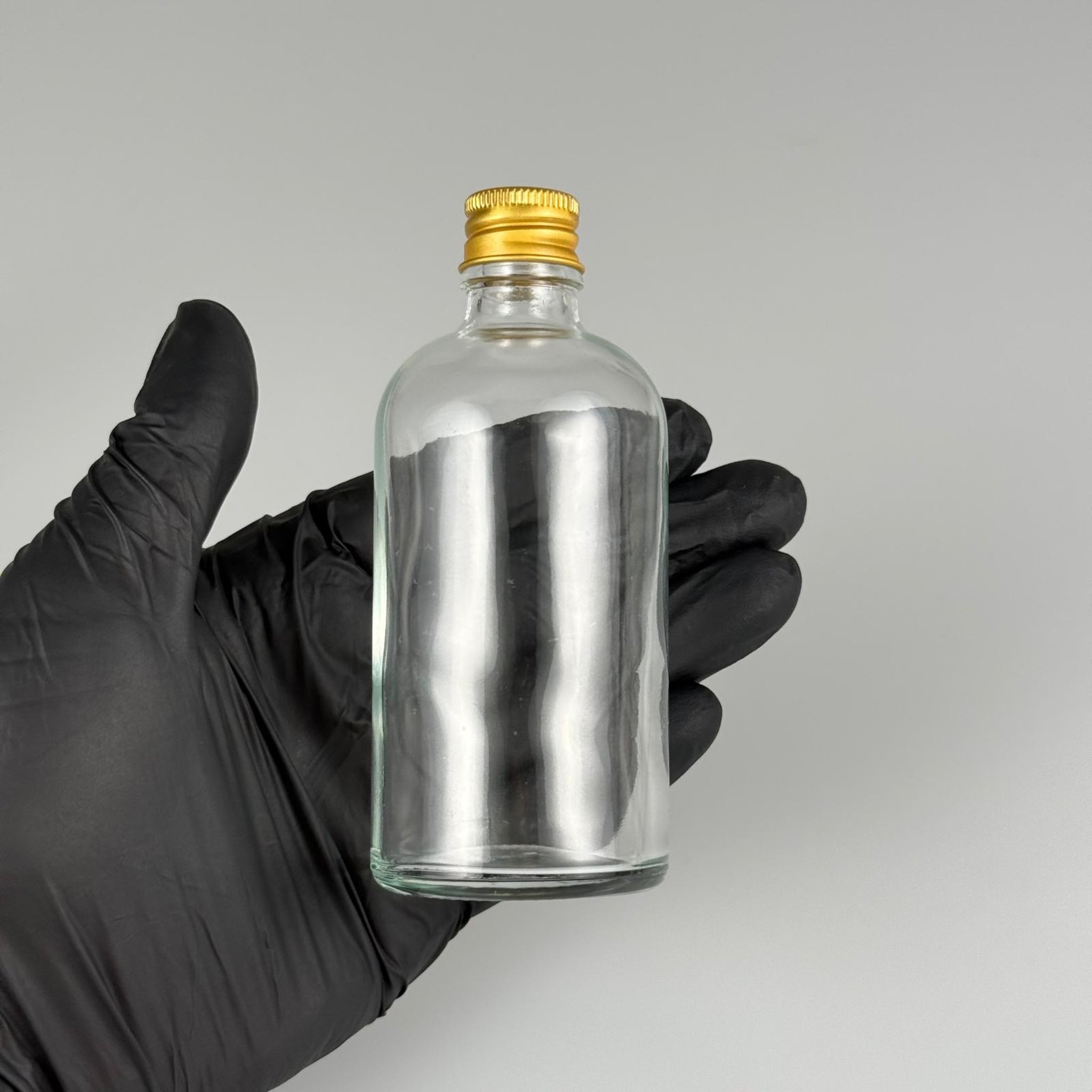 100 CC ŞEFFAF CAM ŞİŞE + KÖPÜK CONTALI GOLD ALÜMİNYUM METAL KAPAKLI TAKIM - 100 ML ŞEFFAF CAM ŞİŞE