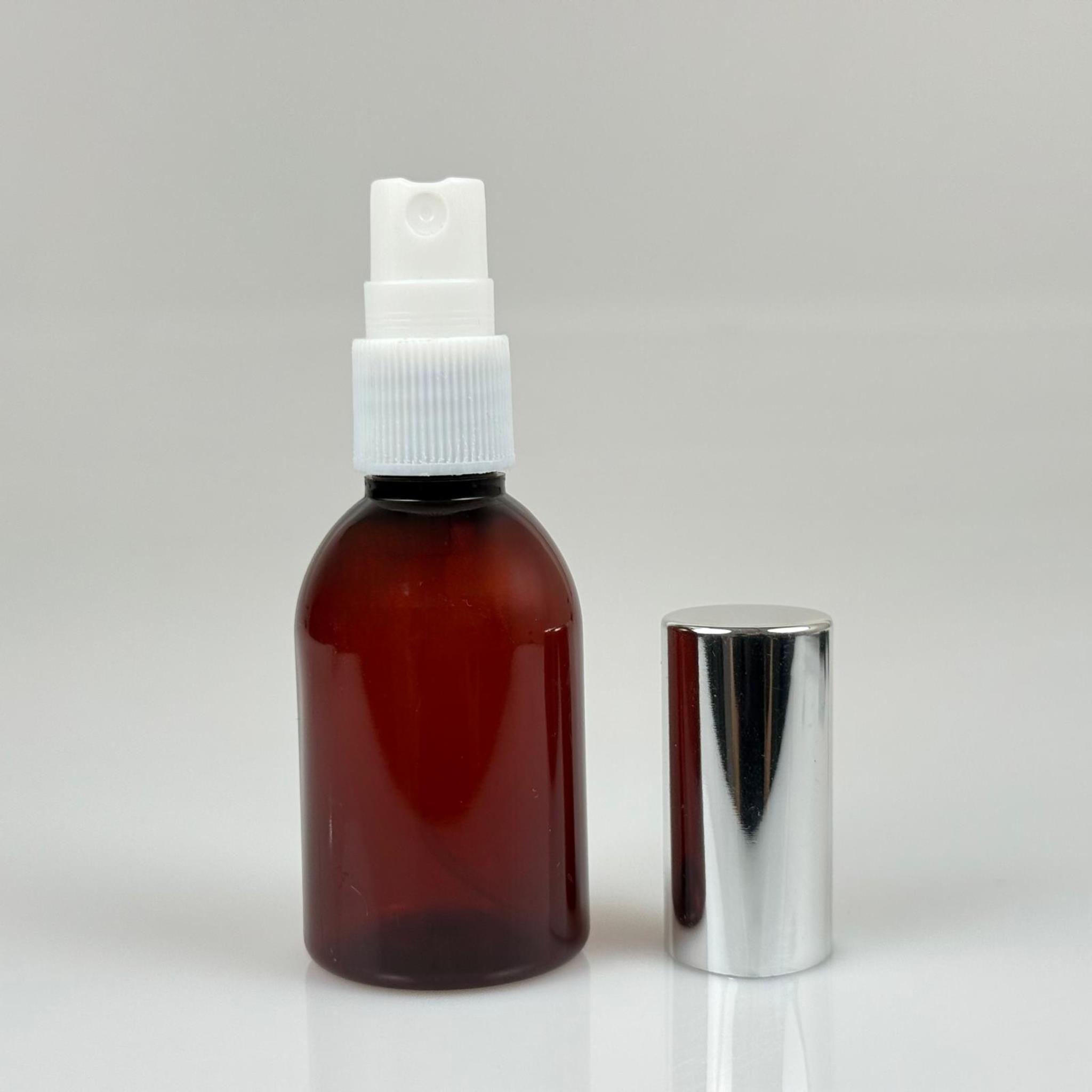 50 ML PET KOLONYA, PARFÜM VB ŞİŞELERİ - METAL ALÜMİNYUM GÜMÜŞ KAPAK + VİDALI SPREY + 50 CC AMBER ŞİŞE SET TAKIM