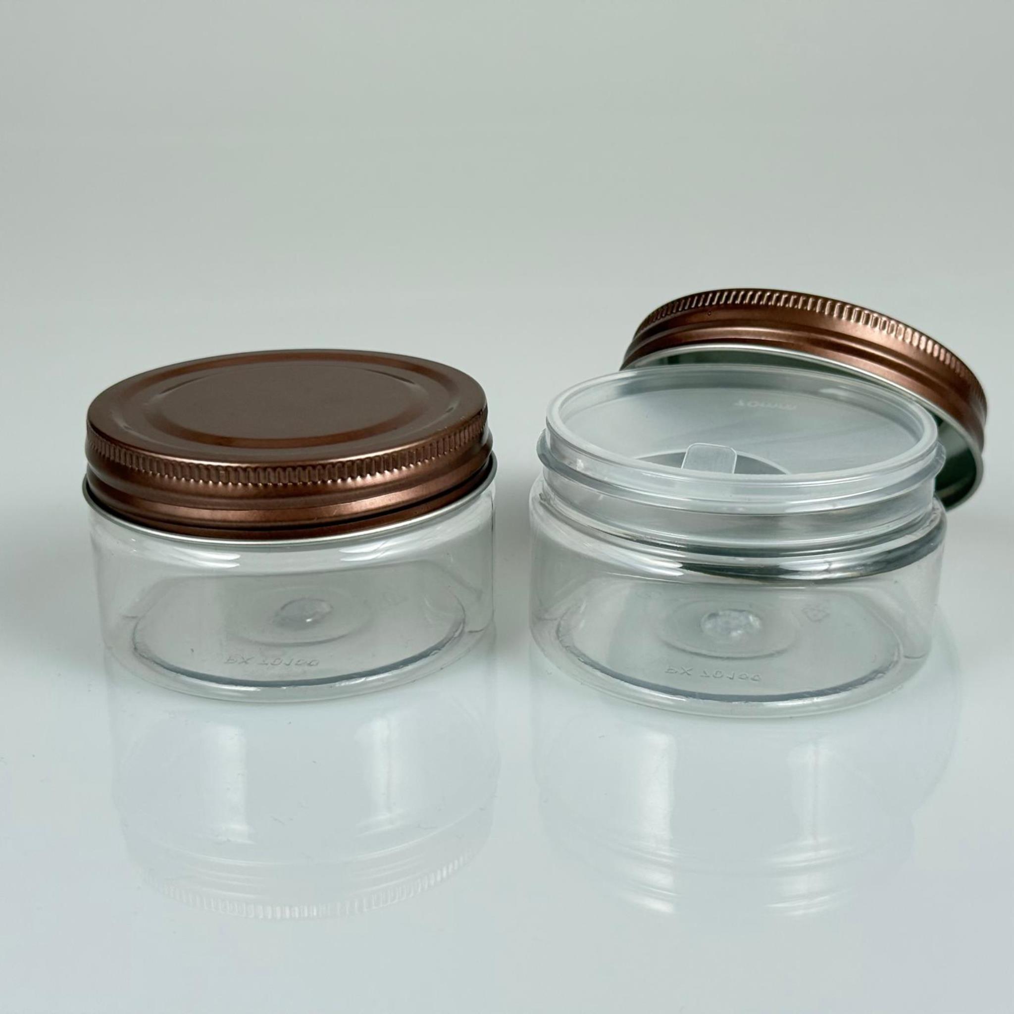 100 ML SERT PET KAVANOZ + BRONZ METAL KAPAK + İÇ TIPA - 100 CC KALIN ŞEFFAF PLASTİK KAVANOZ BRONZ METAL KAPAKLI İÇ TIPALI TAKIM - KREM KAVANOZLARI
