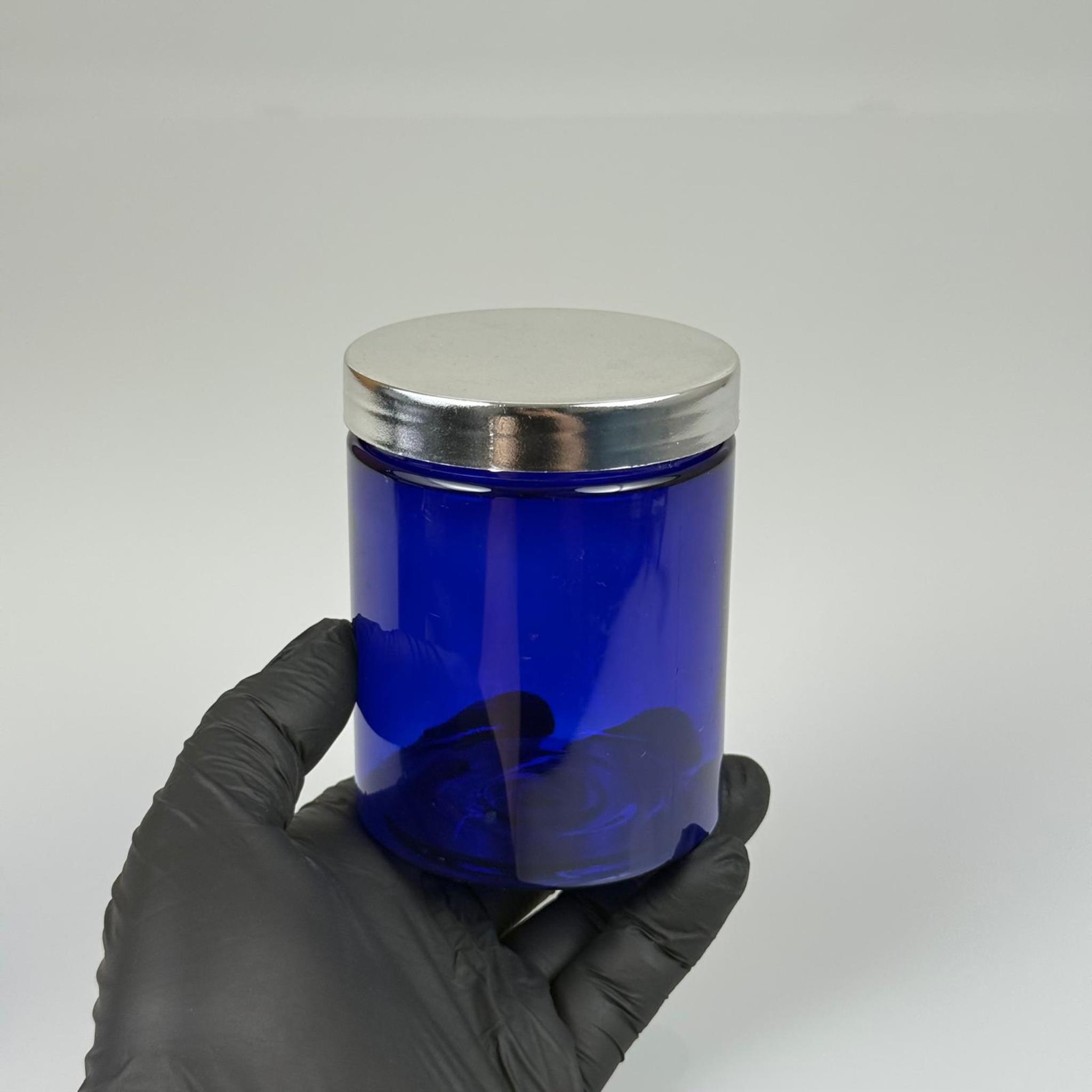 300 ML SERT PET KAVANOZ + GÜMÜŞ KAPLAMALI PLASTİK KAPAK + İÇ TIPA - 300 CC KALIN MAVİ PLASTİK KAVANOZ GÜMÜŞ KAPLAMALI PLASTİK KAPAKLI İÇ TIPALI TAKIM - KREM KAVANOZLARI