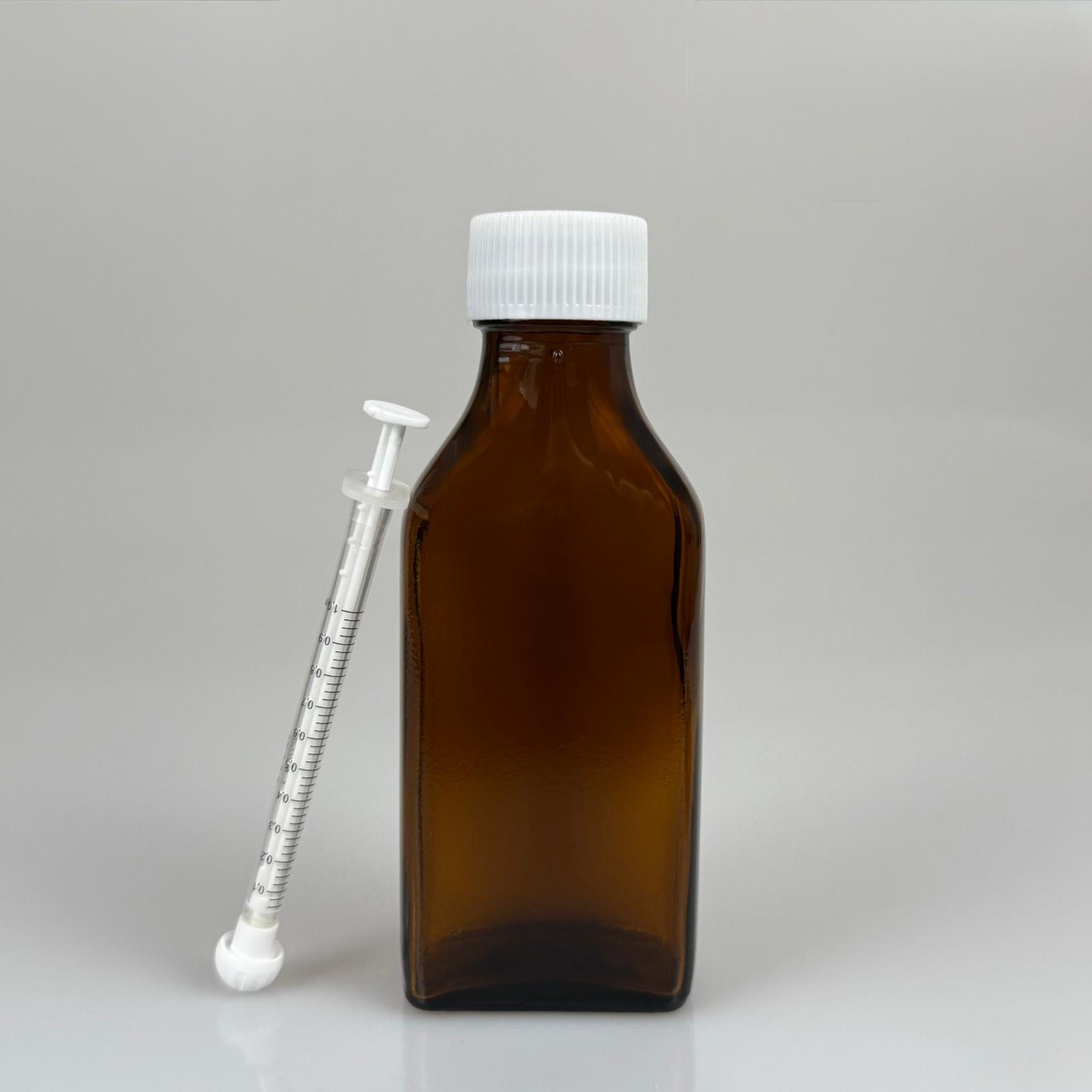 100 ML YASSI CAM ECZA ŞİŞESİ + 1 ML DOZAJ PİPETİ + DOZAJ TIPASI + CONTALI PLASTİK KAPAK TAKIM