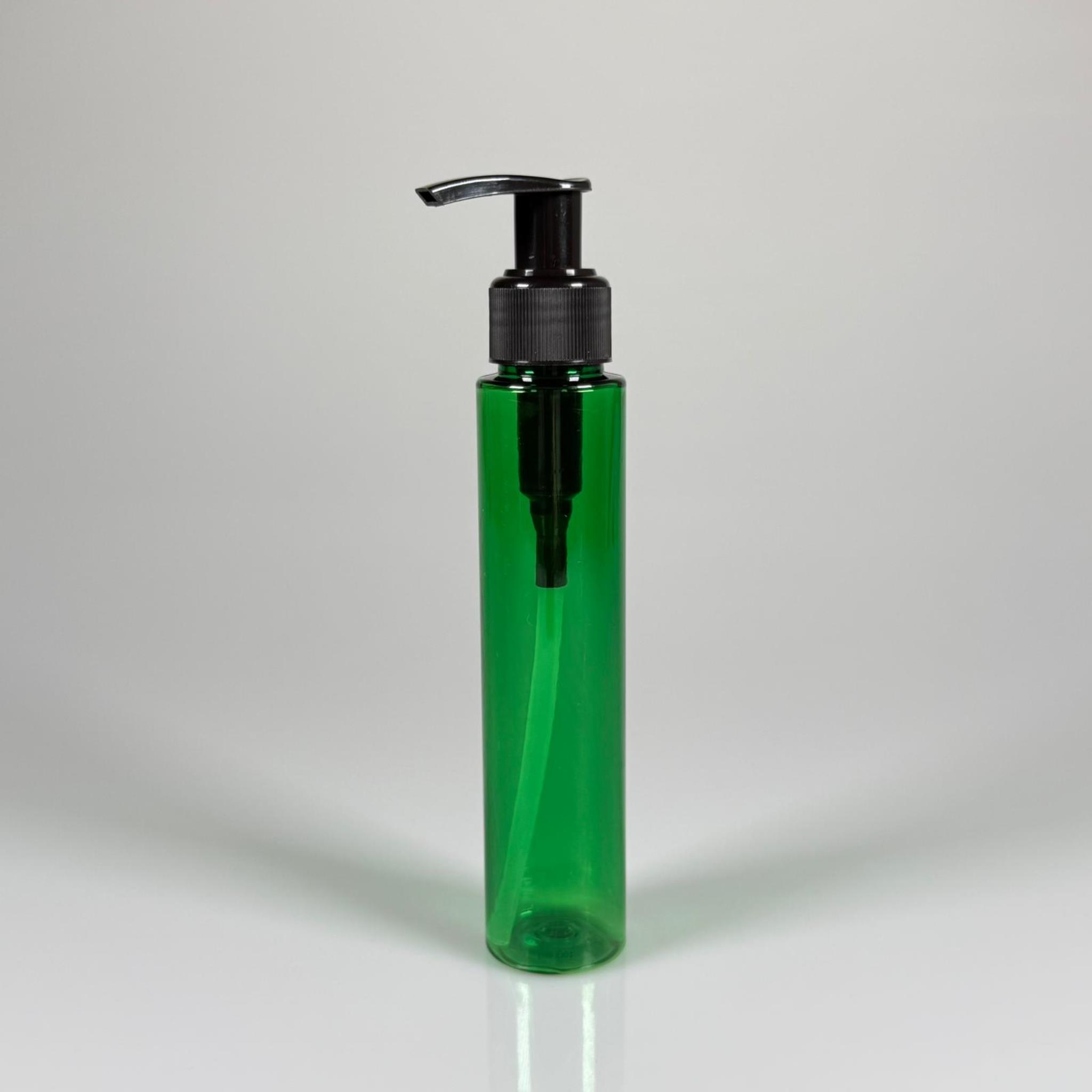 100 CC UZUN SİLİNDİR YEŞİL PET ŞİŞE (24 GR)  - SİYAH SABUN POMPALI - 100 ML BİBERİYE SUYU, LAVANTA YAĞI, SAÇ SERUM, TONİK VB İÇİN PLASTİK KOZMETİK AMBALAJLARI