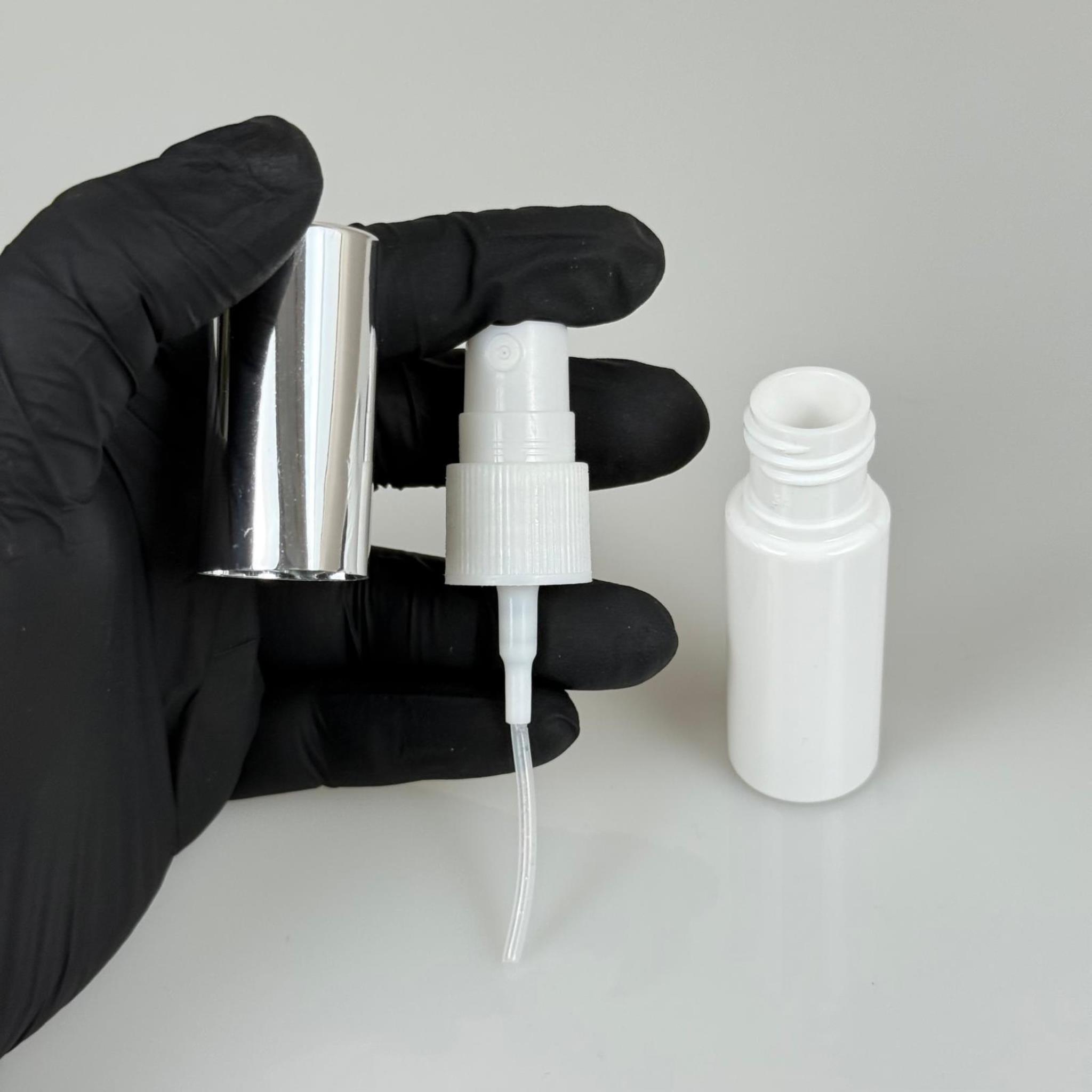 15 ML PET KOLONYA, PARFÜM VB ŞİŞELERİ - METAL ALÜMİNYUM GÜMÜŞ KAPAK + VİDALI SPREY + 15 CC BEYAZ ŞİŞE SET TAKIM