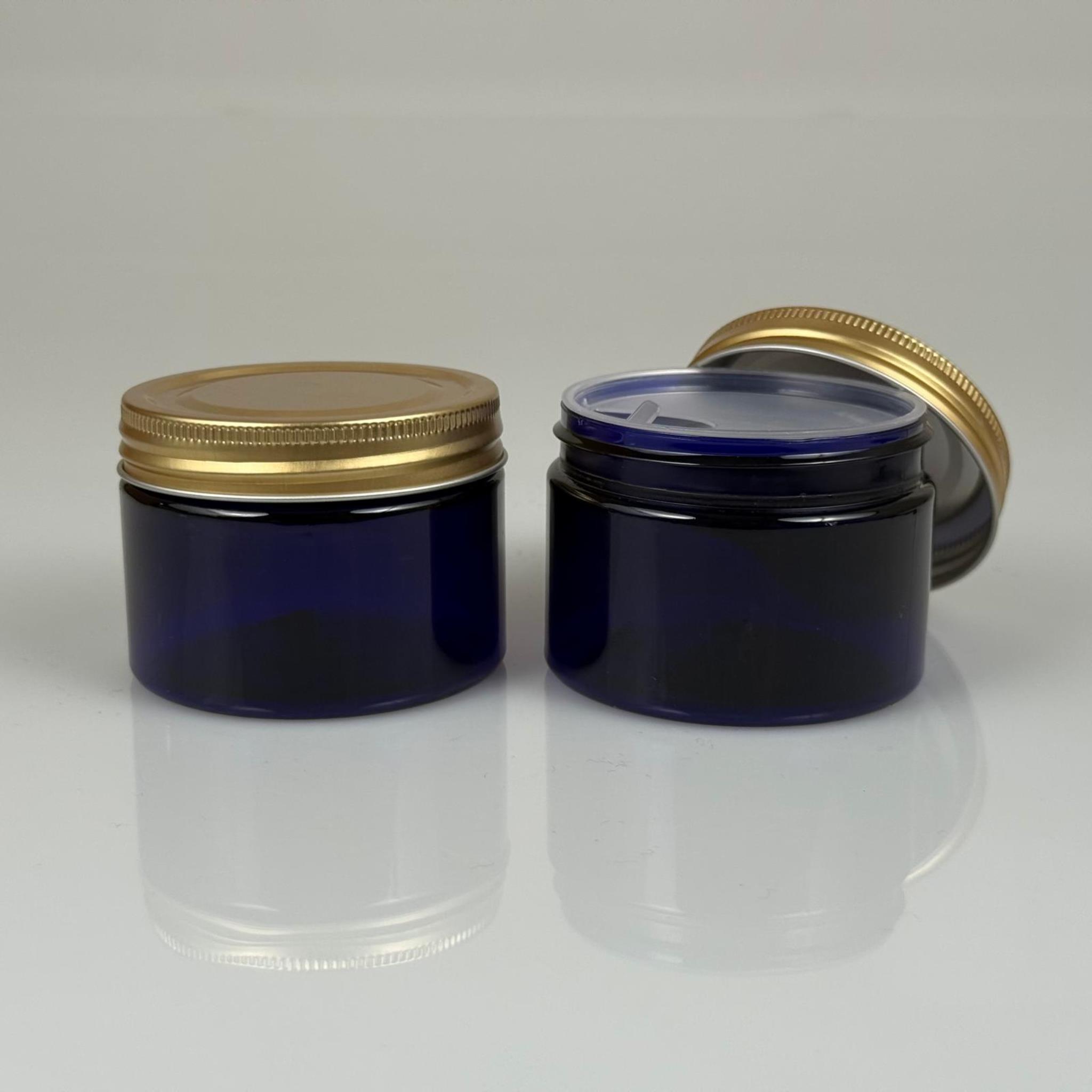 150 ML SERT PET KAVANOZ + GOLD METAL KAPAK + İÇ TIPA - 150 CC KALIN MAVİ PLASTİK KAVANOZ GOLD METAL KAPAKLI İÇ TIPALI TAKIM - KREM KAVANOZLARI