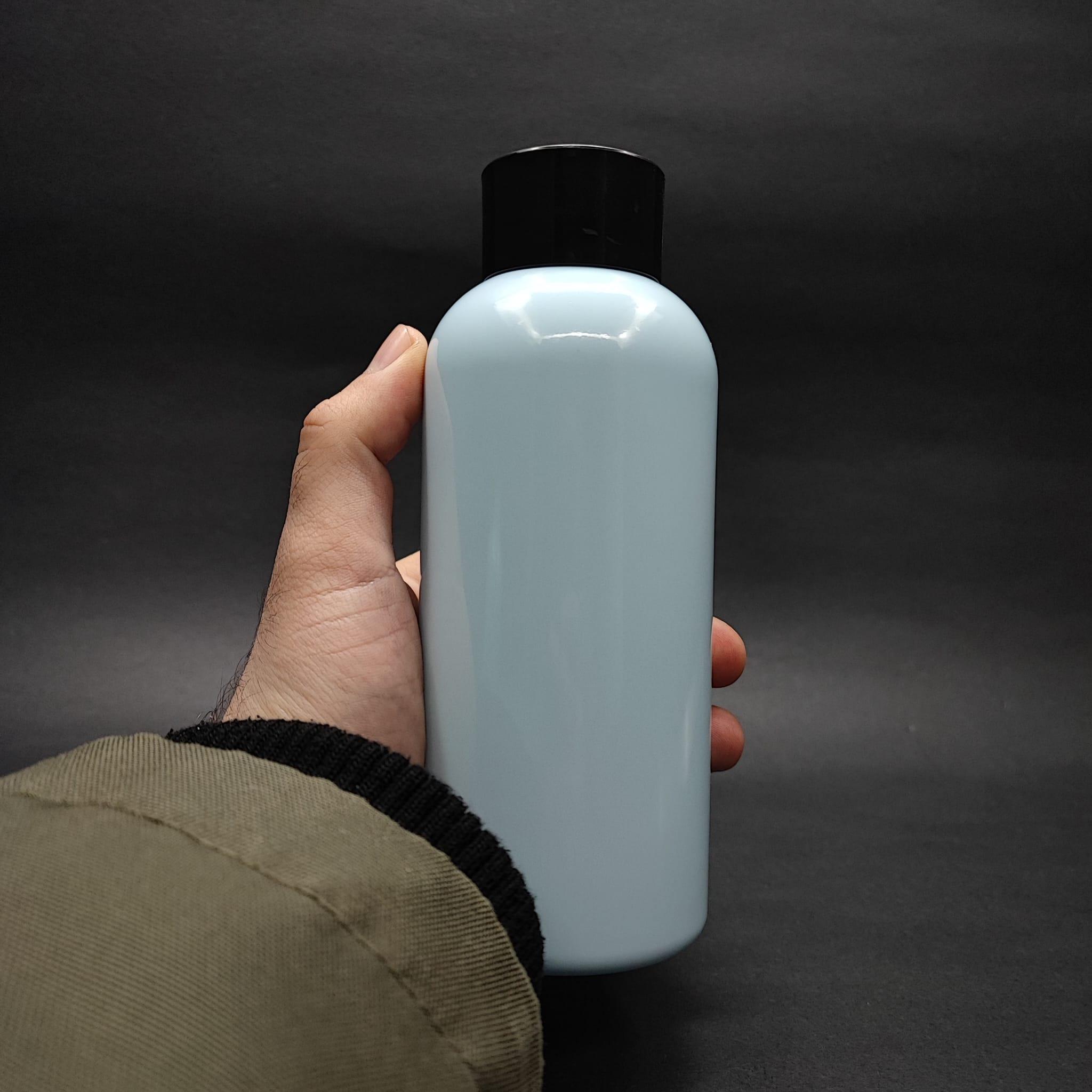 400 CC OVAL BOYUNLU UZUN SİLİNDİR PET ŞİŞE (30 GR) - SİYAH KOLONYA LOSYON KAPAK + TIPA - 400 ML PLASTİK ŞİŞE - BEBEK MAVİSİ