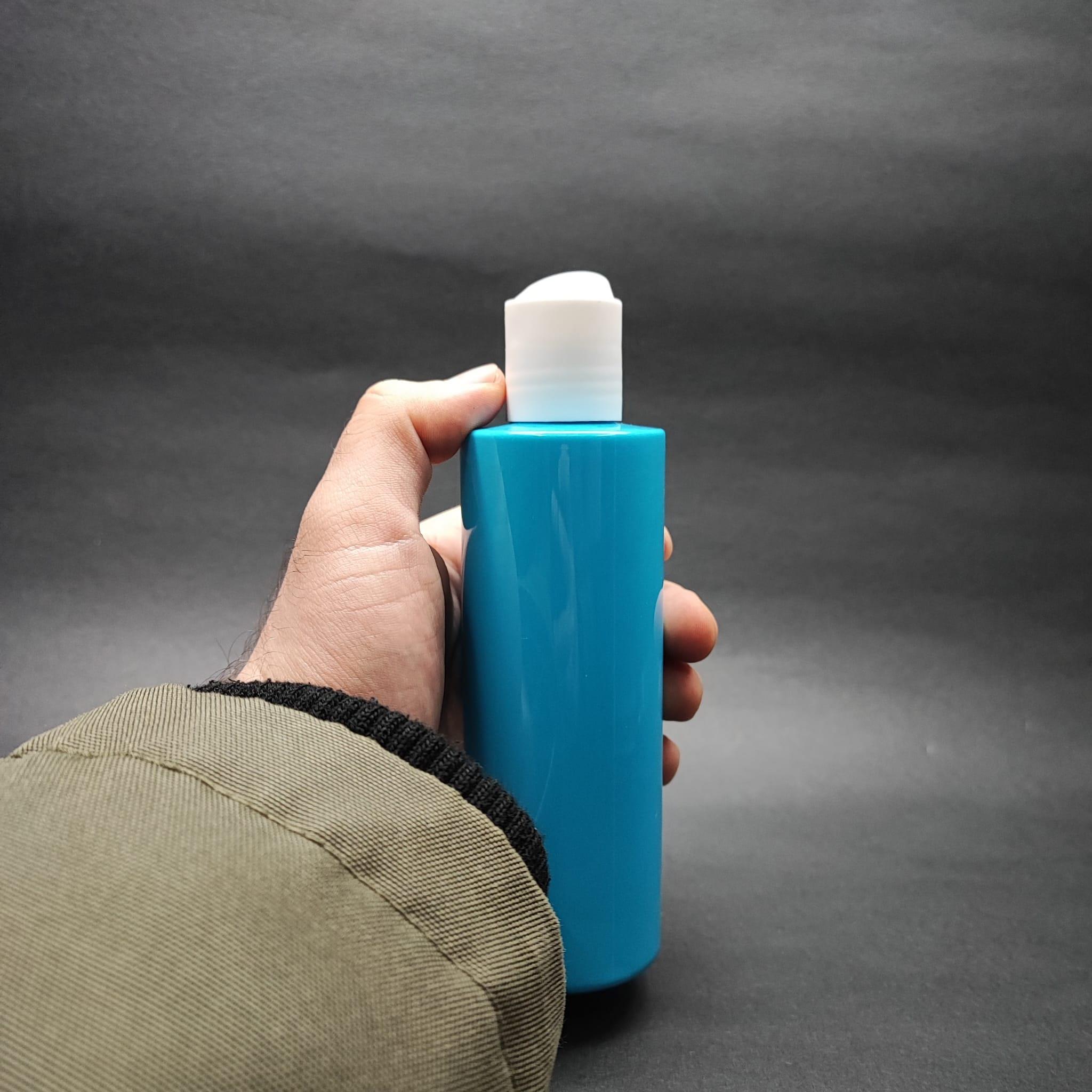 200 CC KÜT BOYUNLU UZUN SİLİNDİR PET ŞİŞE (24 GR) - BEYAZ DİSKTOP ŞAMPUAN KAPAKLI - 200 ML PLASTİK ŞİŞE - MAVİ