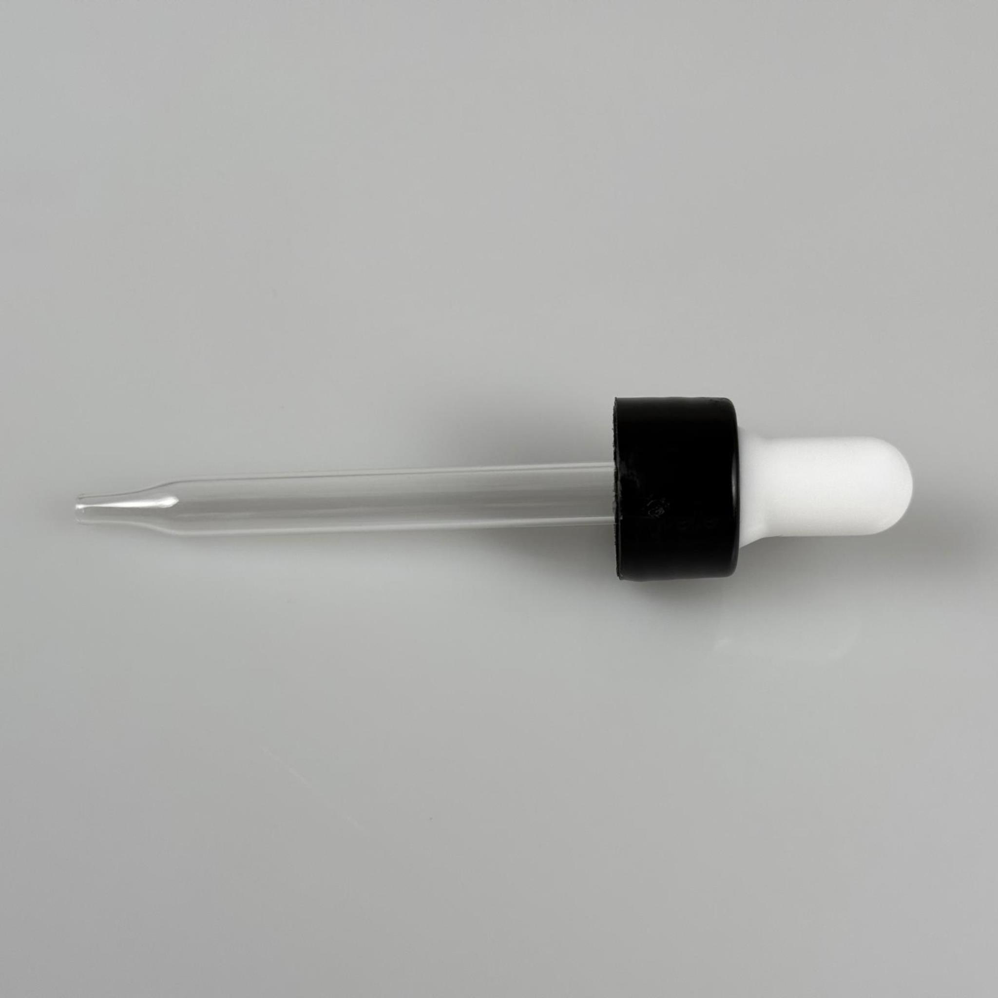 18 MM CAM DAMLALIKLI TAKIM - BEYAZ EMZİK + DELİKLİ PLASTİK DÜZ SİYAH KAPAK + 76 MM SİVRİ ( UCU İNCE ) CAM PİPET