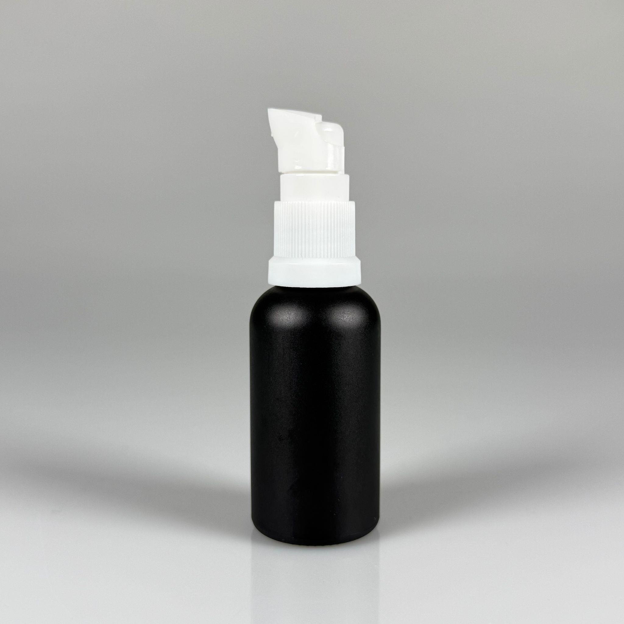 30 CC MAT SİYAH CAM ŞİŞE - SIZDIRMAZ ETEKLİ BEYAZ LOSYON POMPALI TAKIM - 50 ML LOSYON ŞİŞESİ - YAĞ, KREM GİBİ YOĞUN KIVAMLI SIVILAR İÇİN CAM AMBALAJ