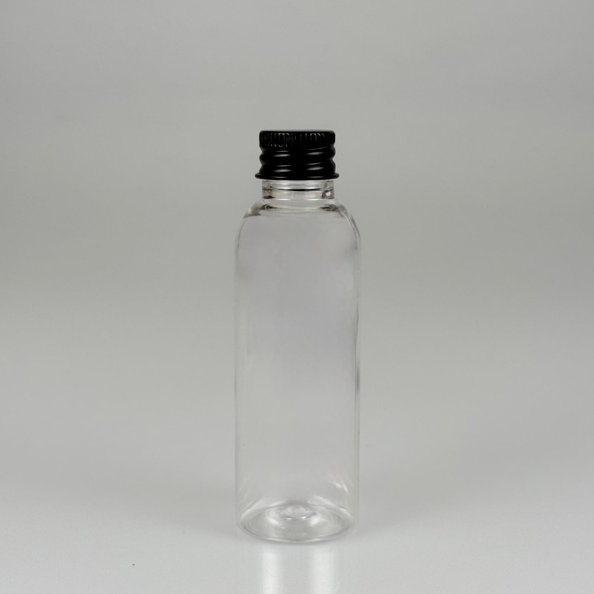 50 CC ŞEFFAF SİLİNDİR UZUN MODEL PET ŞİŞE + KÖPÜK CONTALI SİYAH ALÜMİNYUM METAL KAPAKLI TAKIM - 50 ML PLASTİK ŞİŞE